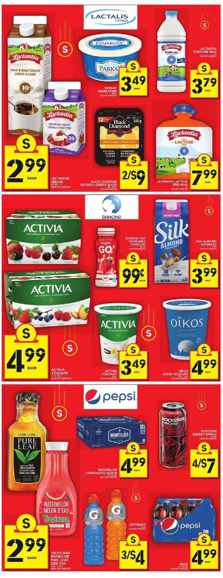 thumbnail - Food Basics Flyer - August 26, 2021 - September 01, 2021 - Sales products - watermelon, melons, sliced cheese, cheese, Activia, Oikos, milk, margarine, whipping cream, Pepsi, energy drink, ice tea, Rockstar, Gatorade, fruit punch, Pure Leaf, Half and half, Go!, Danone, parka. Page 2.