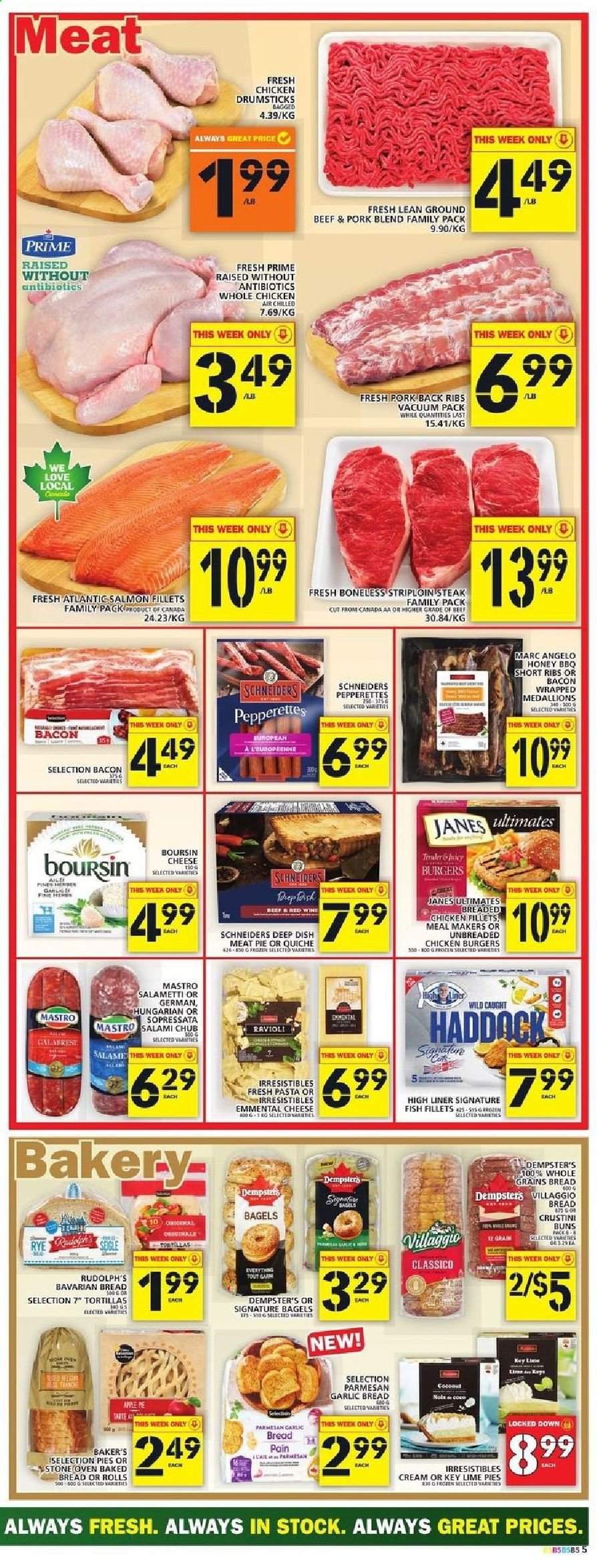 thumbnail - Food Basics Flyer - August 26, 2021 - September 01, 2021 - Sales products - bread, tortillas, pie, buns, fish fillets, fish, ravioli, hamburger, bacon, salami, parmesan, cheese, Classico, honey, whole chicken, chicken drumsticks, chicken, beef meat, ground beef, striploin steak, pork meat, pork ribs, pork back ribs, steak. Page 5.