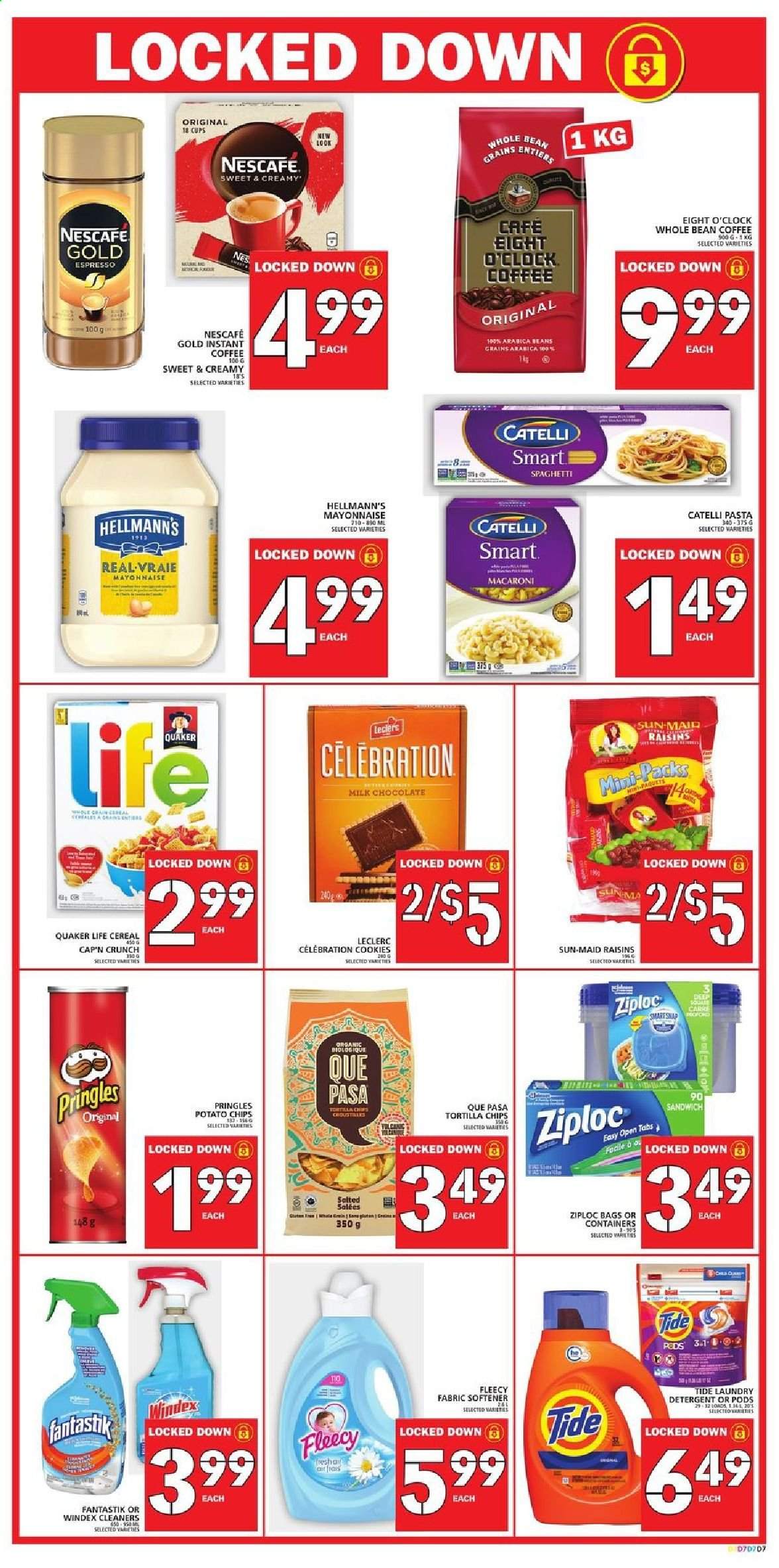 thumbnail - Food Basics Flyer - August 26, 2021 - September 01, 2021 - Sales products - spaghetti, sandwich, macaroni, pasta, Quaker, mayonnaise, Hellmann’s, cookies, milk chocolate, chocolate, Celebration, tortilla chips, Pringles, cereals, Cap'n Crunch, dried fruit, instant coffee, Eight O'Clock, Windex, Tide, fabric softener, laundry detergent, bag, Ziploc, cup, raisins, chips, Nescafé. Page 9.
