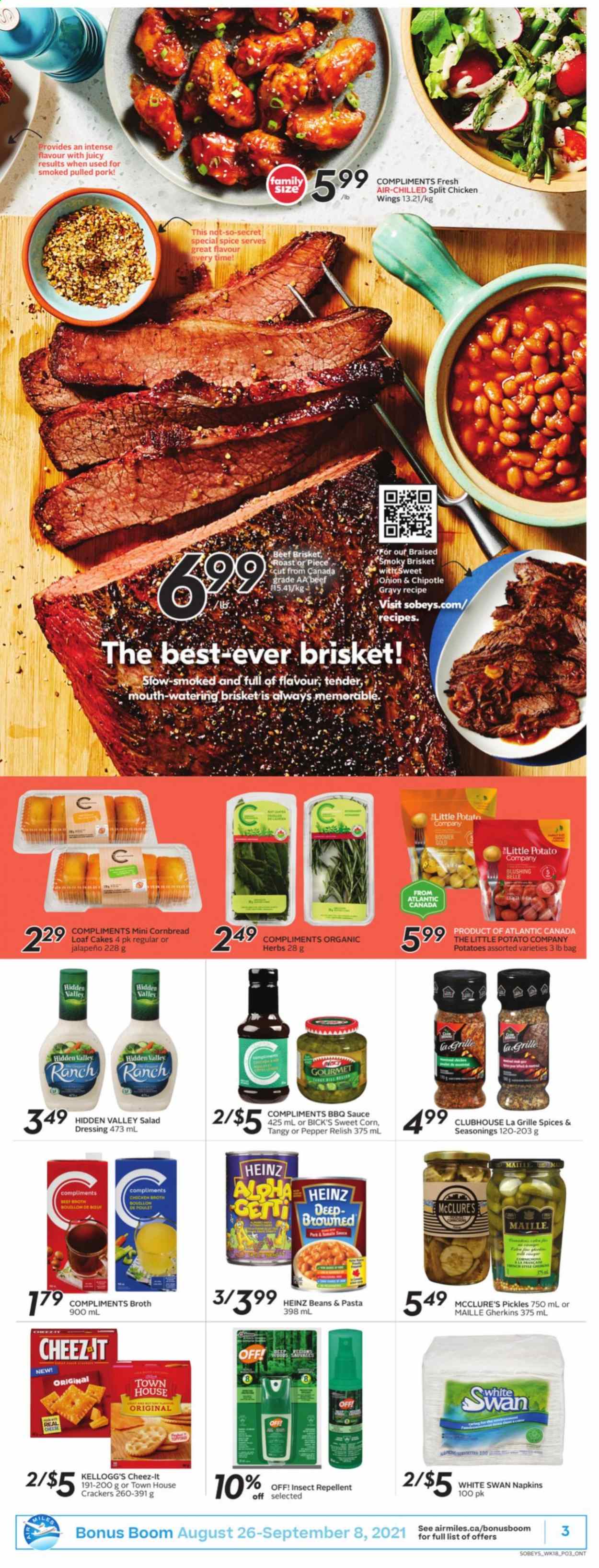 thumbnail - Sobeys Flyer - August 26, 2021 - September 01, 2021 - Sales products - cake, corn bread, potatoes, pasta, sauce, pulled pork, chicken wings, crackers, Kellogg's, Cheez-It, beef broth, bouillon, chicken broth, broth, Heinz, pickles, spice, herbs, BBQ sauce, dressing, beef meat, beef brisket, pork meat, napkins, repellent. Page 4.