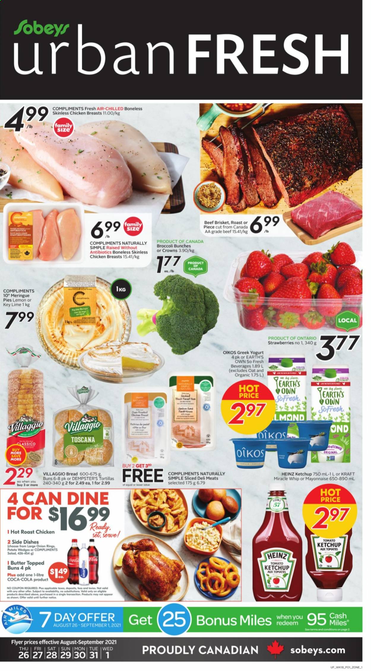thumbnail - Sobeys Urban Fresh Flyer - August 26, 2021 - September 01, 2021 - Sales products - bread, tortillas, buns, broccoli, strawberries, chicken roast, onion rings, Kraft®, greek yoghurt, yoghurt, Oikos, butter, mayonnaise, Miracle Whip, potato wedges, oats, Heinz, Classico, Coca-Cola, chicken breasts, chicken, beef meat, beef brisket. Page 1.