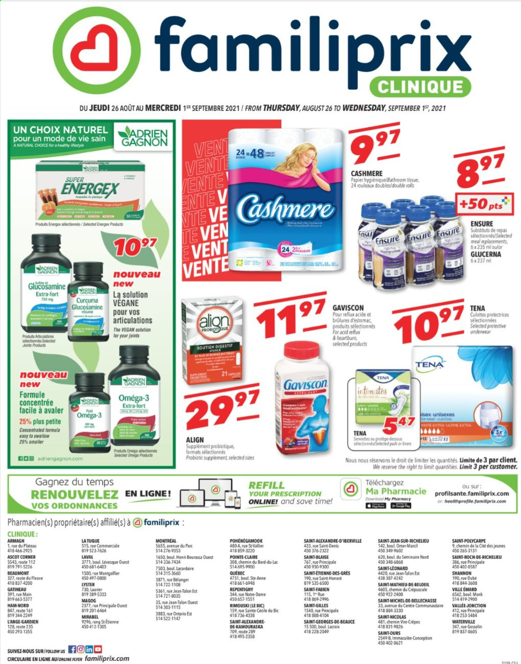 thumbnail - Familiprix Clinique Flyer - August 26, 2021 - September 01, 2021 - Sales products - bath tissue, Clinique, BIC, glucosamine, Omega-3, Glucerna, Gaviscon. Page 1.