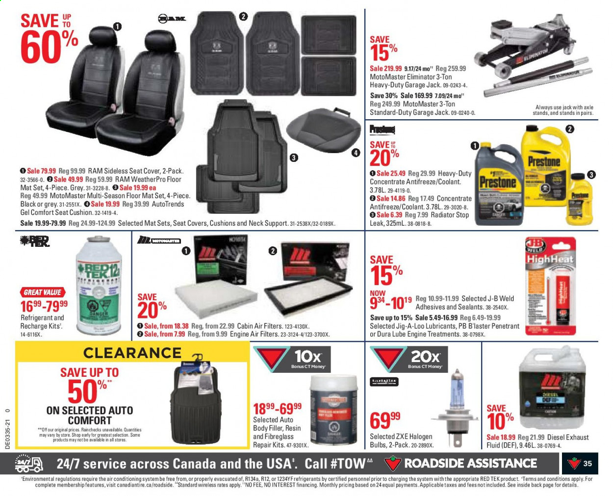 thumbnail - Canadian Tire Flyer - August 27, 2021 - September 02, 2021 - Sales products - bulb, cushion, jig, air filter, car seat cover, car floor mats, cabin filter, antifreeze, Prestone, exhaust fluid, B'laster. Page 34.
