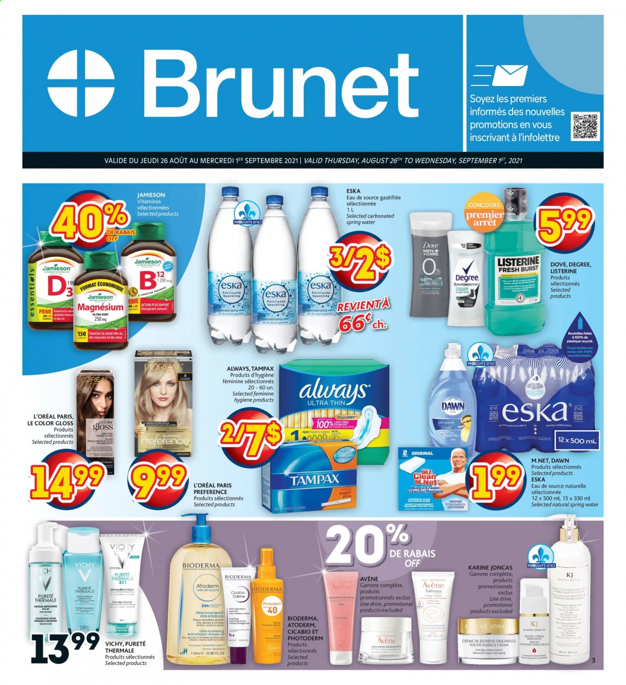 thumbnail - Brunet Flyer - August 26, 2021 - September 01, 2021 - Sales products - Vichy, cleanser, cleansing foam, L’Oréal, magnesium, Listerine, Tampax, toner. Page 1.