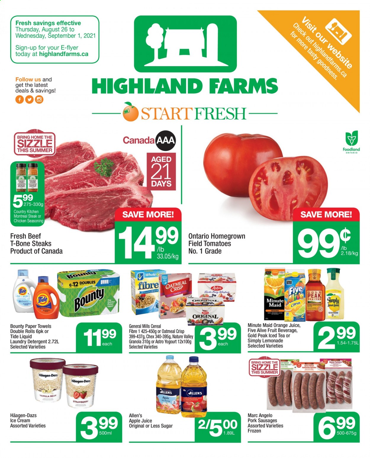 thumbnail - Circulaire Highland Farms - 26 Août 2021 - 01 Septembre 2021 - Produits soldés - granola, steak. Page 1.