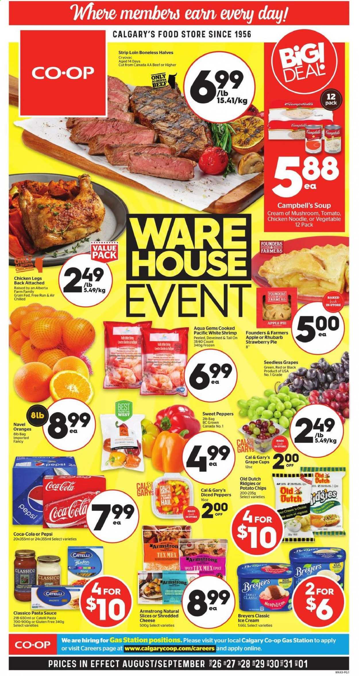 thumbnail - Calgary Co-op Flyer - August 26, 2021 - September 01, 2021 - Sales products - pie, apple pie, rhubarb, sweet peppers, peppers, seedless grapes, navel oranges, shrimps, Campbell's, pasta sauce, soup, sauce, noodles, shredded cheese, ice cream, potato chips, penne, Classico, Coca-Cola, Pepsi, chicken legs, chicken, Sure. Page 1.