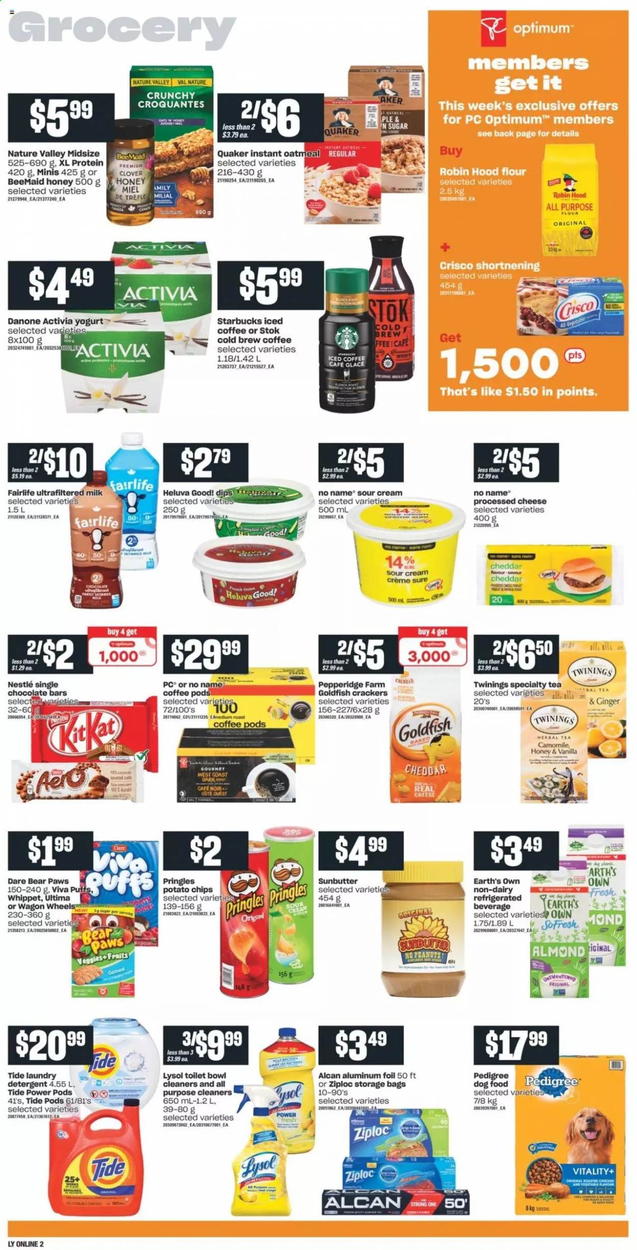 thumbnail - Independent Flyer - August 26, 2021 - September 01, 2021 - Sales products - puffs, No Name, Quaker, cheese, yoghurt, Clover, Activia, milk, sour cream, crackers, chocolate bar, potato chips, Pringles, Goldfish, Crisco, flour, sugar, oatmeal, Nature Valley, honey, peanuts, iced coffee, herbal tea, Twinings, coffee pods, Starbucks, Ron Pelicano, Lysol, Tide, laundry detergent, Sure, Ziploc, storage bag, plate, aluminium foil, Paws, animal food, dog food, Optimum, Pedigree, wagon, Danone, Nestlé, chips. Page 6.