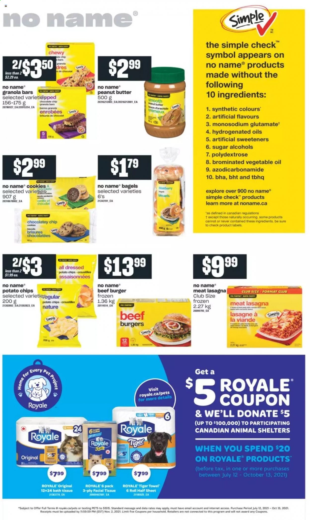 thumbnail - Independent Flyer - August 26, 2021 - September 01, 2021 - Sales products - bagels, No Name, hamburger, beef burger, lasagna meal, cookies, biscuit, potato chips, sugar, granola bar, vegetable oil, oil, peanut butter, bath tissue, Sure, towel. Page 13.