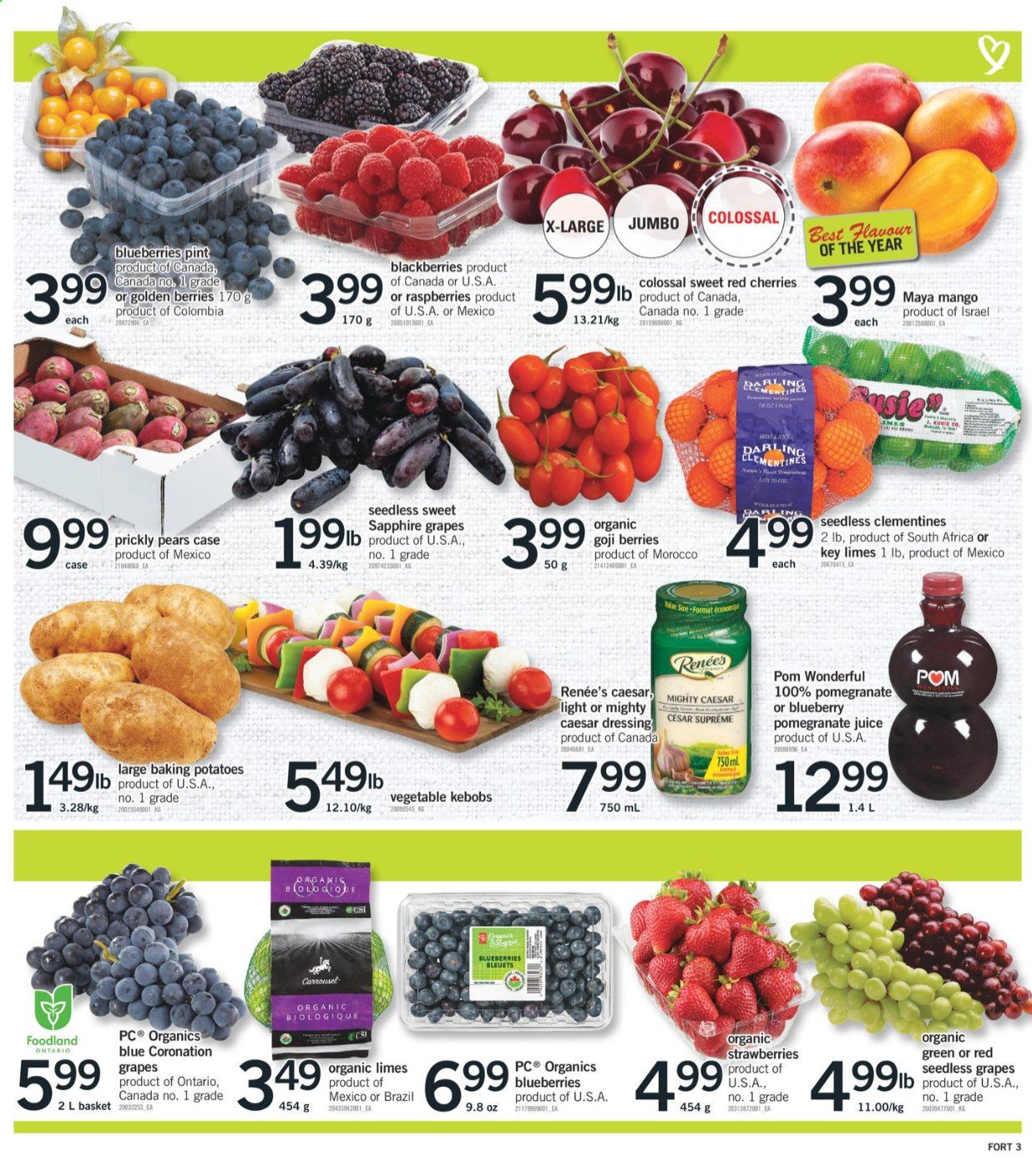 thumbnail - Fortinos Flyer - August 26, 2021 - September 01, 2021 - Sales products - potatoes, blackberries, blueberries, clementines, grapes, limes, seedless grapes, strawberries, cherries, pears, caesar dressing, dressing, goji, juice. Page 4.
