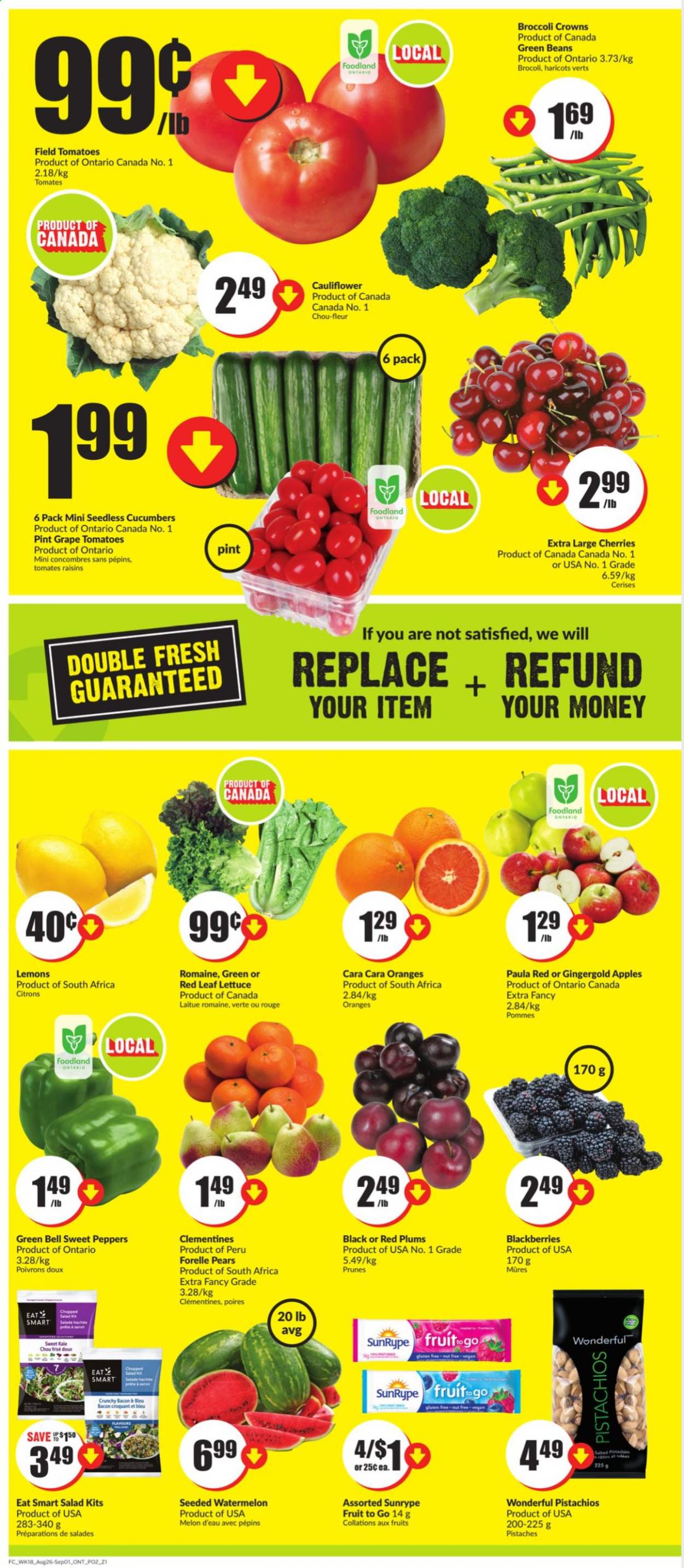 thumbnail - Chalo! FreshCo. Flyer - August 26, 2021 - September 01, 2021 - Sales products - beans, cauliflower, cucumber, green beans, sweet peppers, tomatoes, kale, lettuce, salad, peppers, chopped salad, apples, blackberries, clementines, watermelon, plums, cherries, pears, red plums, melons, lemons, bacon, prunes, dried fruit, pistachios, raisins. Page 2.