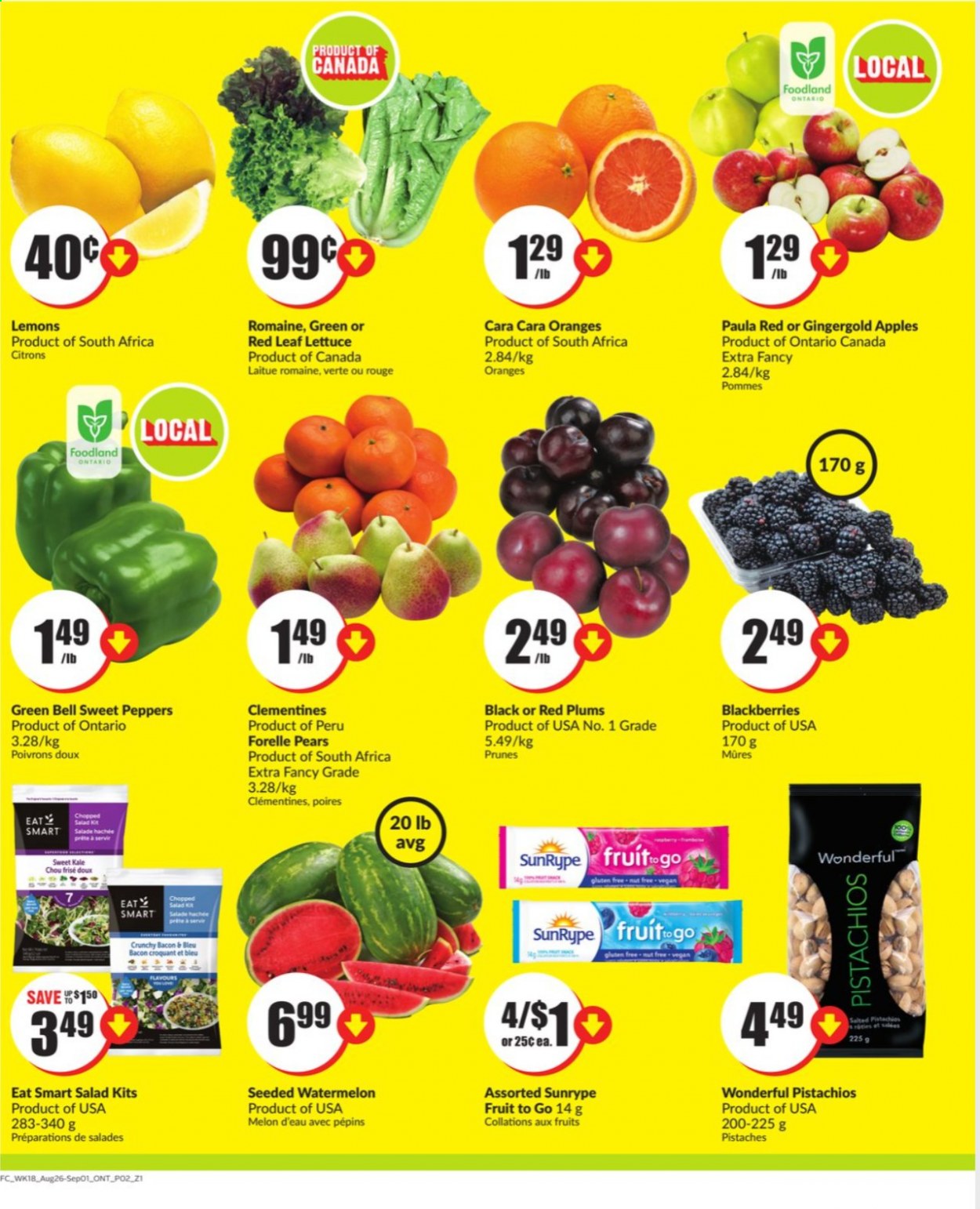 thumbnail - Chalo! FreshCo. Flyer - August 26, 2021 - September 01, 2021 - Sales products - sweet peppers, kale, lettuce, salad, peppers, chopped salad, apples, blackberries, clementines, watermelon, plums, pears, red plums, melons, lemons, bacon, prunes, dried fruit, pistachios. Page 3.