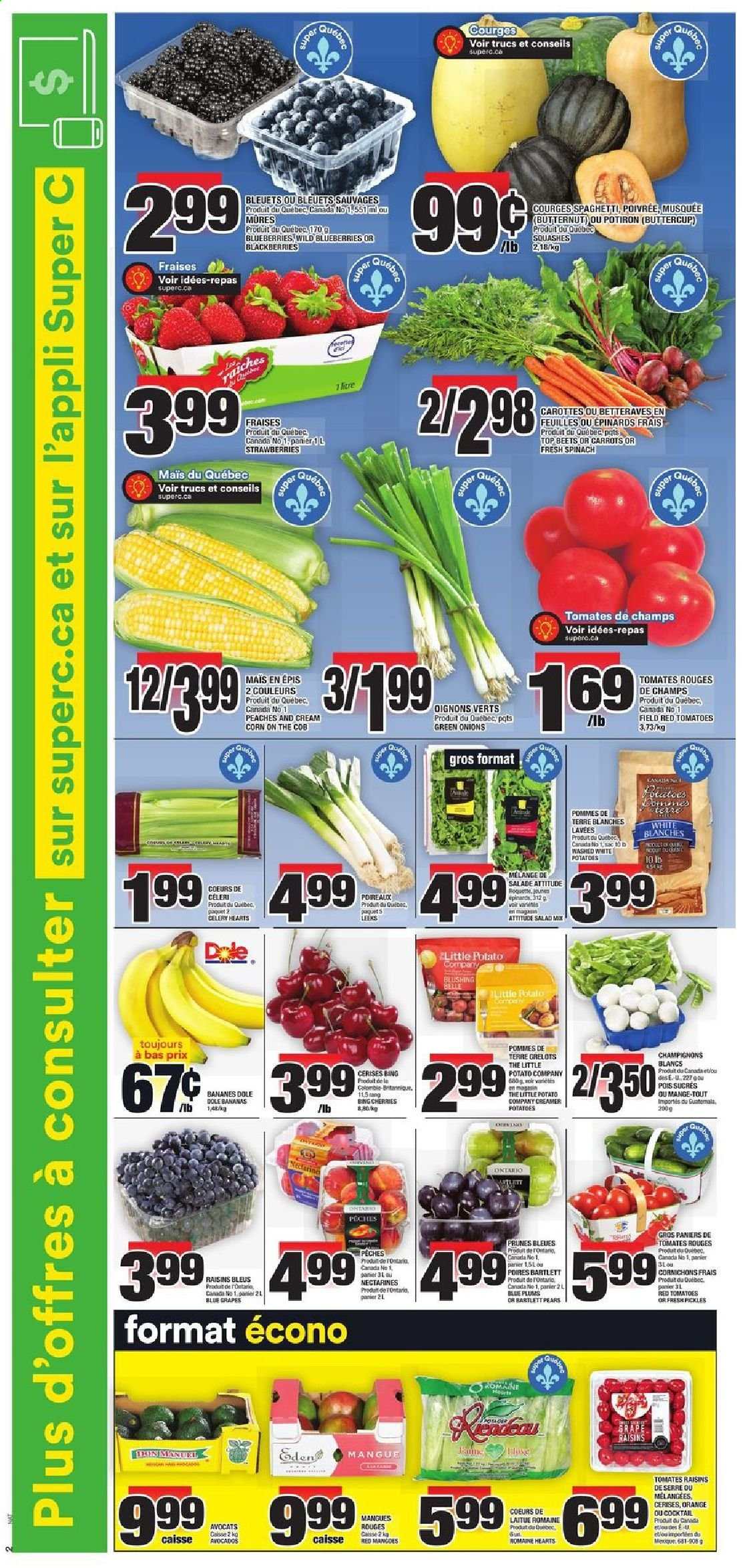 thumbnail - Super C Flyer - August 26, 2021 - September 01, 2021 - Sales products - butternut squash, carrots, celery, corn, spinach, tomatoes, potatoes, salad, Dole, green onion, sleeved celery, avocado, bananas, Bartlett pears, blackberries, blueberries, grapes, nectarines, strawberries, plums, cherries, pears, peaches, spaghetti, pickles, prunes, dried fruit, raisins. Page 3.