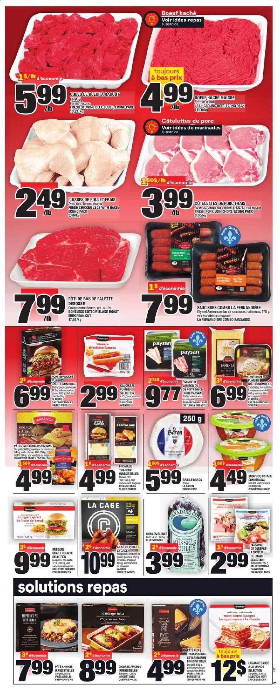 thumbnail - Super C Flyer - August 26, 2021 - September 01, 2021 - Sales products - pie, cabbage, mussels, pollock, crab, soup, hamburger, sauce, lasagna meal, pulled pork, ham, sausage, sliced cheese, cheese, brie, Provolone, eggs, chicken wings, turkey breast, chicken legs, chicken, turkey, beef meat, ground beef, stewing beef, pork chops, pork loin, pork meat, Palette. Page 4.