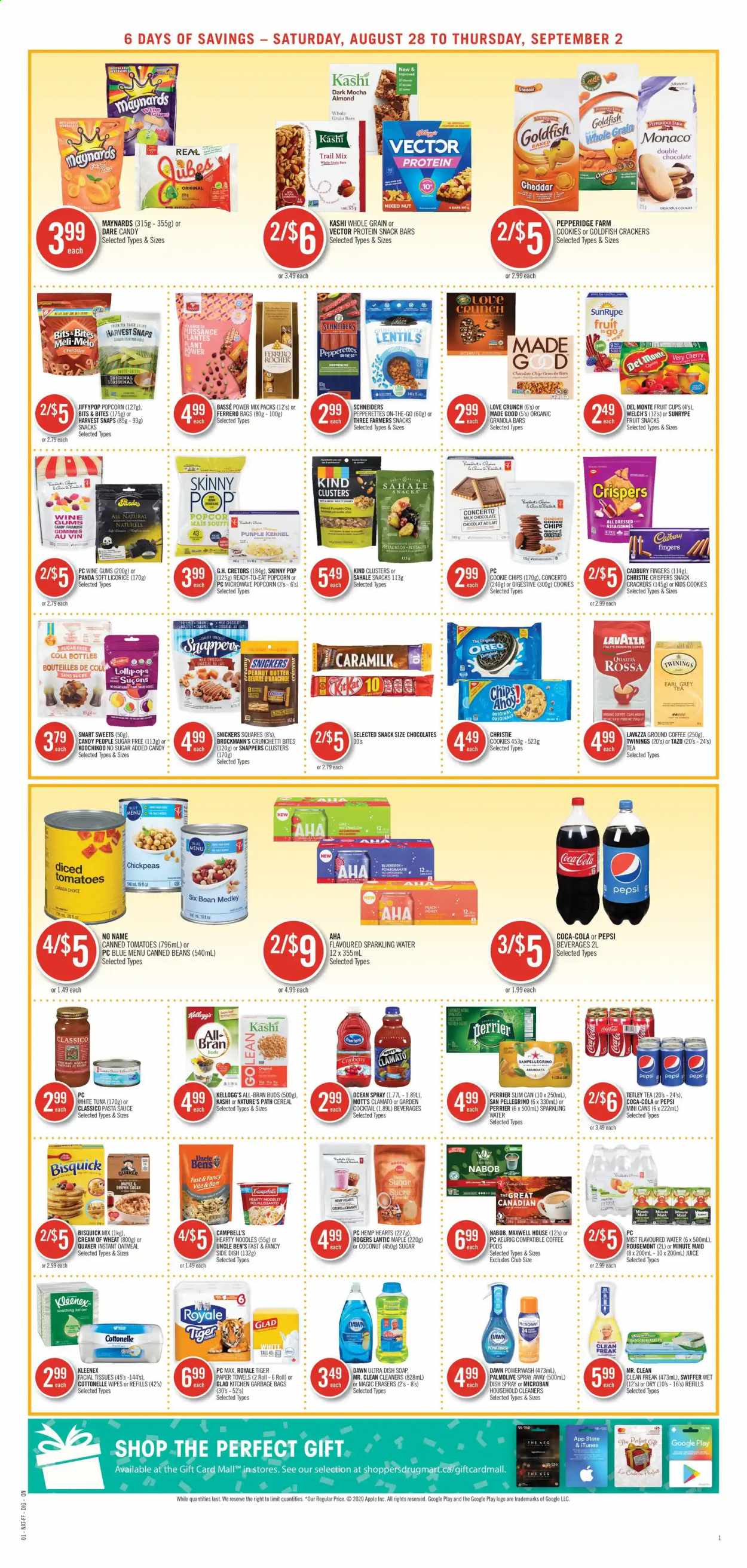 thumbnail - Shoppers Drug Mart Flyer - August 28, 2021 - September 02, 2021 - Sales products - cookies, milk chocolate, Snickers, crackers, lollipop, Kellogg's, biscuit, Cadbury, Digestive, Welch's, fruit snack, snack bar, Mott's, popcorn, Goldfish, Skinny Pop, Bisquick, oatmeal, Harvest Snaps, lentils, pumpkin, pasta sauce, sauce, Uncle Ben's, cereals, Cream of Wheat, granola bar, protein snack, Quaker, All-Bran, chickpeas, noodles, ginger, Campbell's, Classico, honey, trail mix, Coca-Cola, Pepsi, juice, Clamato, Perrier, fruit punch, sparkling water, San Pellegrino, Maxwell House, tea, Twinings, coffee pods, ground coffee, Keurig, Lavazza, wipes, Cottonelle, Kleenex, tissues, kitchen towels, paper towels, Swiffer, Palmolive, soap, facial tissues, body lotion, Oreo, tuna, chips. Page 6.