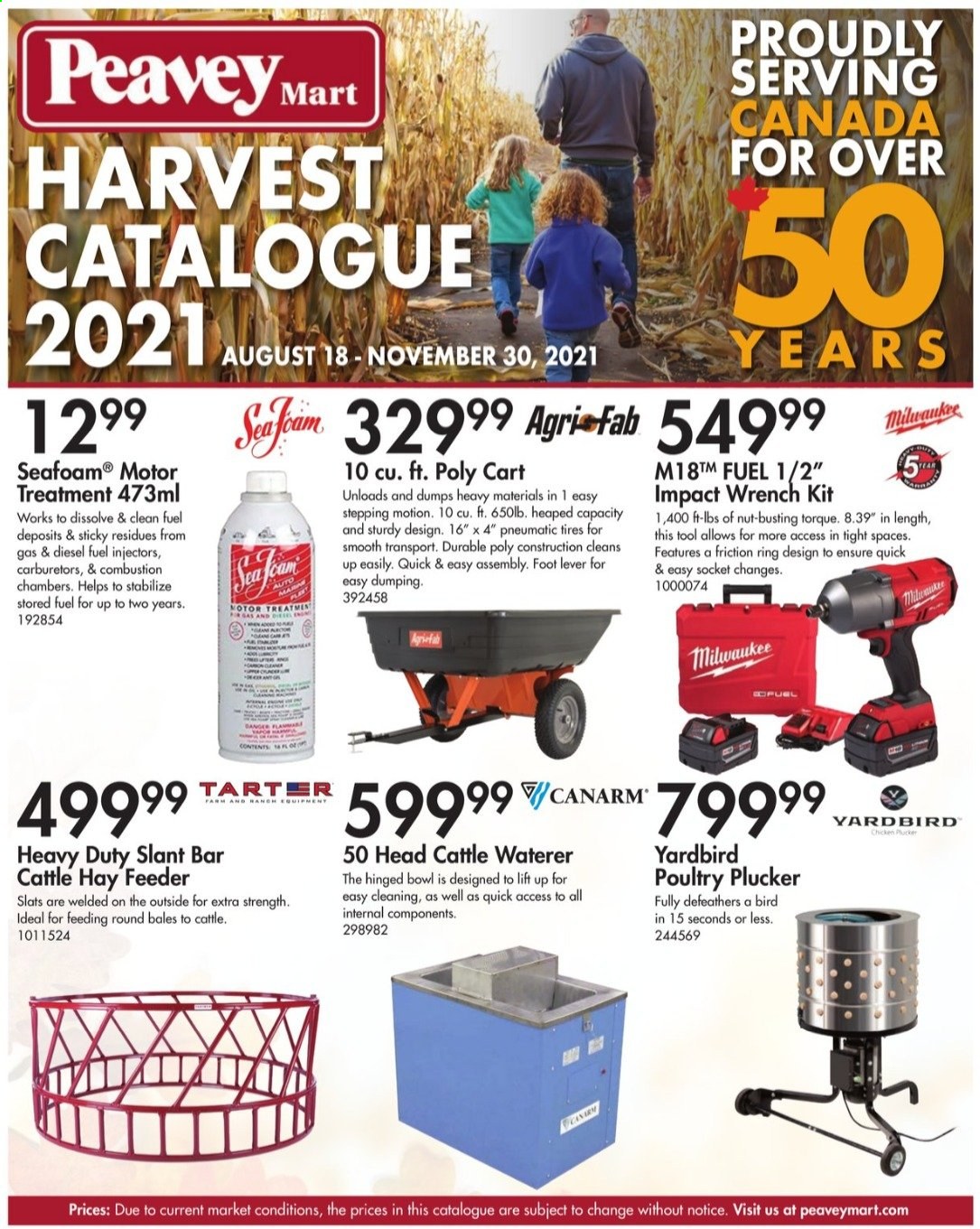 thumbnail - Peavey Mart Flyer - August 18, 2021 - November 30, 2021 - Sales products - bowl, feeder, waterer, Milwaukee, wrench, cart, tires. Page 1.