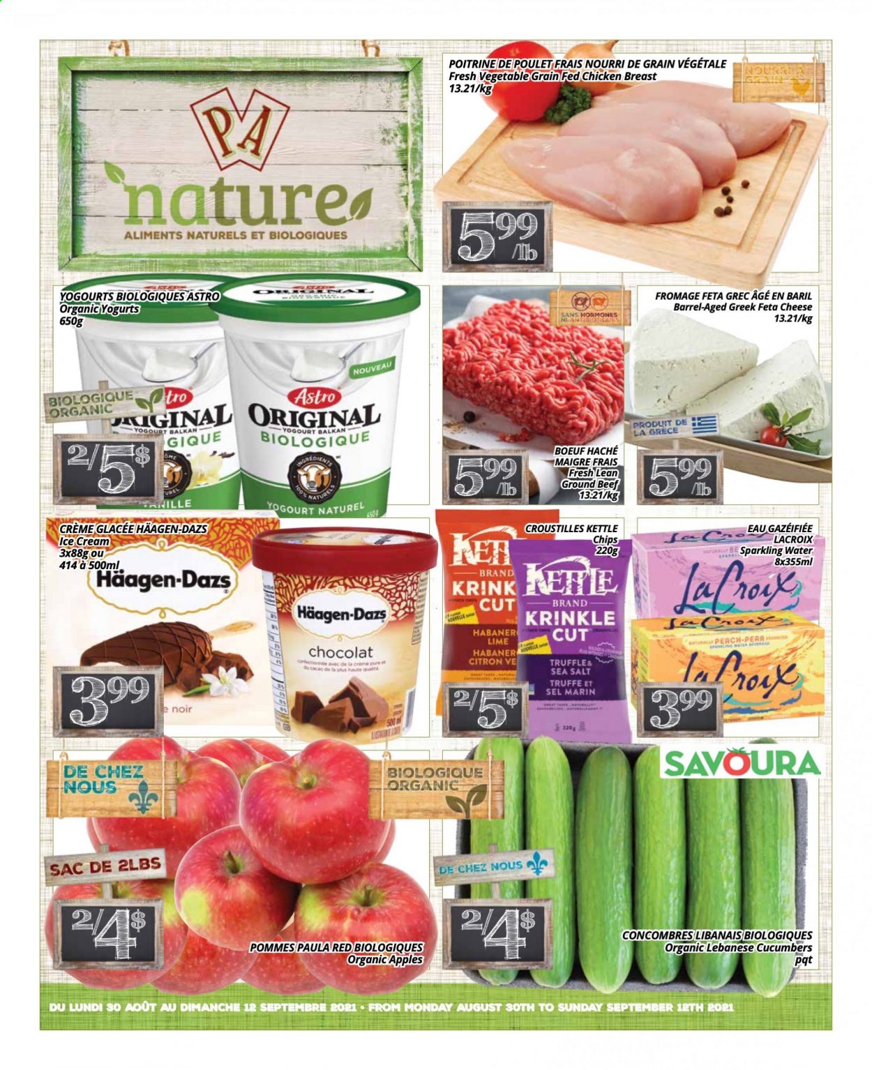 thumbnail - PA Nature Flyer - August 30, 2021 - September 12, 2021 - Sales products - cucumber, apples, perch, cheese, feta, ice cream, Häagen-Dazs, truffles, sparkling water, chicken breasts, chicken, beef meat, ground beef, chips. Page 1.