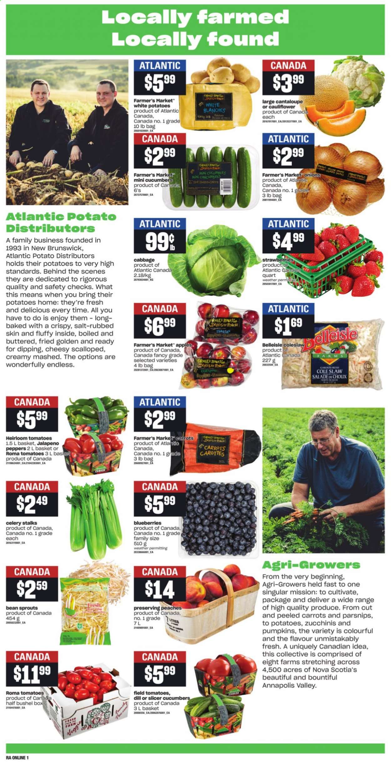 thumbnail - Atlantic Superstore Flyer - August 26, 2021 - September 01, 2021 - Sales products - cabbage, cantaloupe, carrots, cauliflower, celery, cucumber, potatoes, pumpkin, parsnips, onion, jalapeño, sleeved celery, apples, blueberries, strawberries, peaches, coleslaw, salt, dill. Page 4.