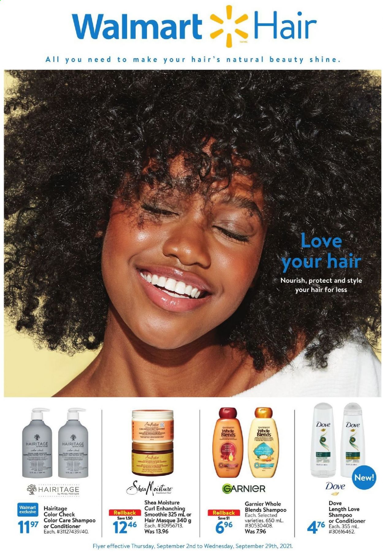 thumbnail - Walmart Flyer - September 02, 2021 - September 29, 2021 - Sales products - smoothie, conditioner, Dove, Garnier, shampoo. Page 1.