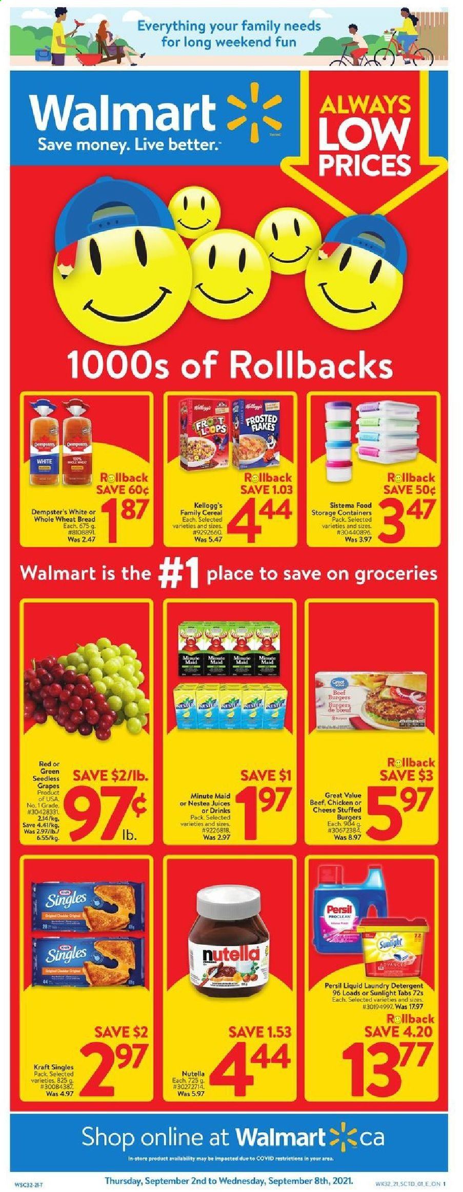 thumbnail - Circulaire Walmart - 02 Septembre 2021 - 08 Septembre 2021 - Produits soldés - persil, Sunlight, Kellogg's, Always, Nutella, détergent. Page 1.