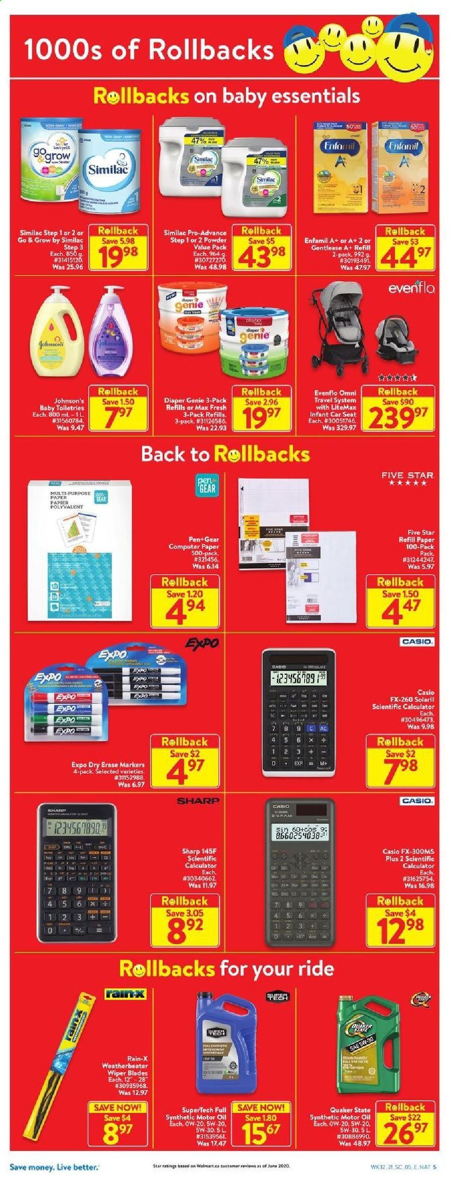 thumbnail - Walmart Flyer - September 02, 2021 - September 08, 2021 - Sales products - Quaker, oil, Enfamil, Similac, Johnson's, Sharp, pen, calculator, paper, computer, baby car seat, wiper blades, Rain-X, motor oil, Quaker State, Casio. Page 5.