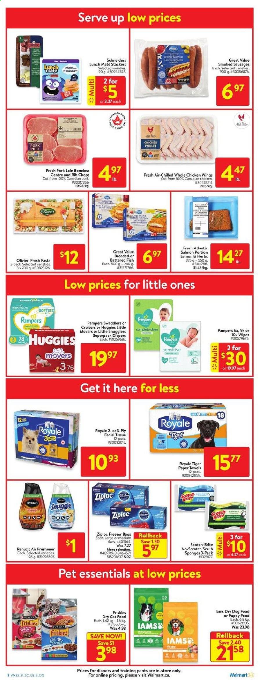 thumbnail - Walmart Flyer - September 02, 2021 - September 08, 2021 - Sales products - fish, sausage, chicken wings, whole chicken, chicken, pork loin, pork meat, rib chops, wipes, pants, nappies, baby pants, tissues, kitchen towels, paper towels, Snuggle, Brite, bag, Ziploc, sponge, freezer bag, Renuzit, air freshener, animal food, cat food, dog food, Purina, dry dog food, dry cat food, Friskies, Iams, freezer, Oreo, Huggies, Pampers. Page 9.