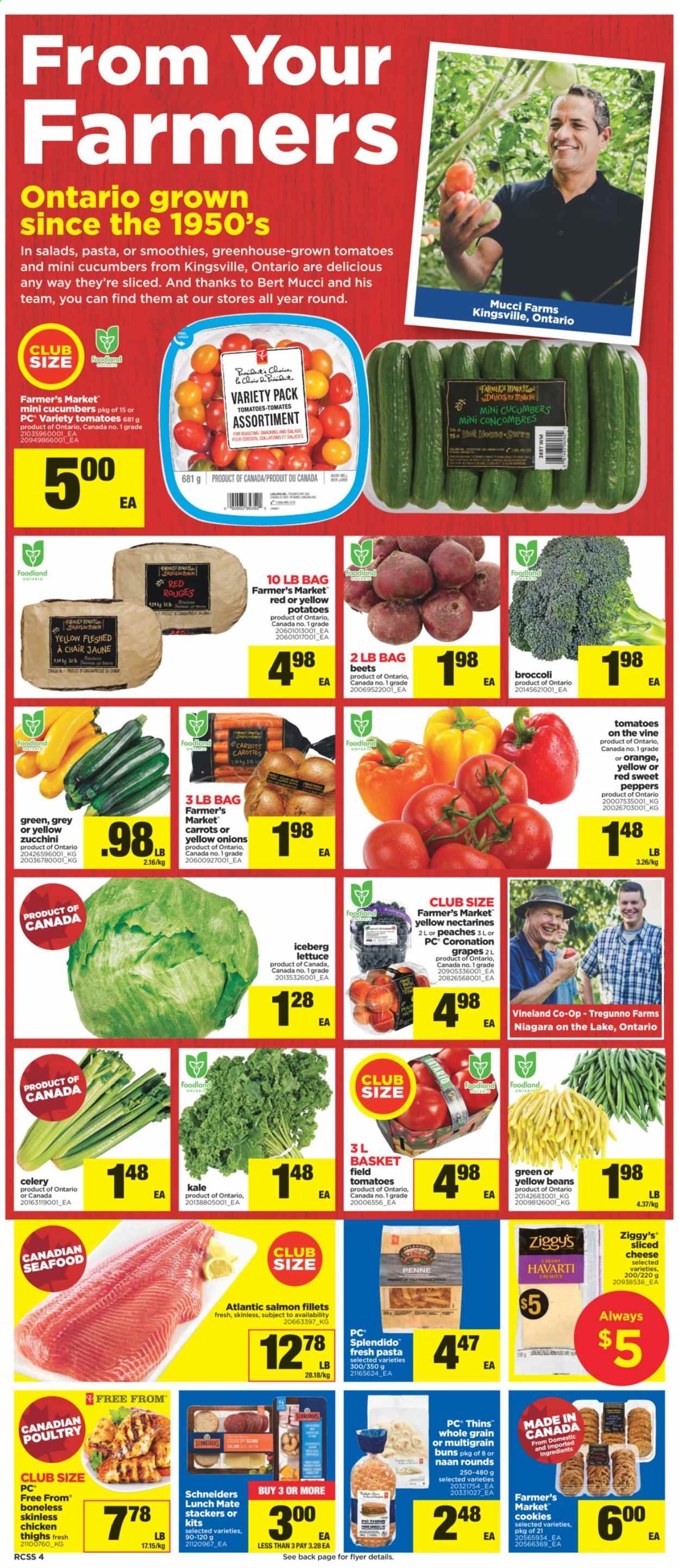 thumbnail - Real Canadian Superstore Flyer - September 02, 2021 - September 09, 2021 - Sales products - buns, zucchini, kale, potatoes, onion, grapes, nectarines, peaches, salmon, salmon fillet, seafood, sliced cheese, Havarti, cheese, cookies, Thins, penne, chicken thighs, chicken, mouse, chair, basket. Page 4.