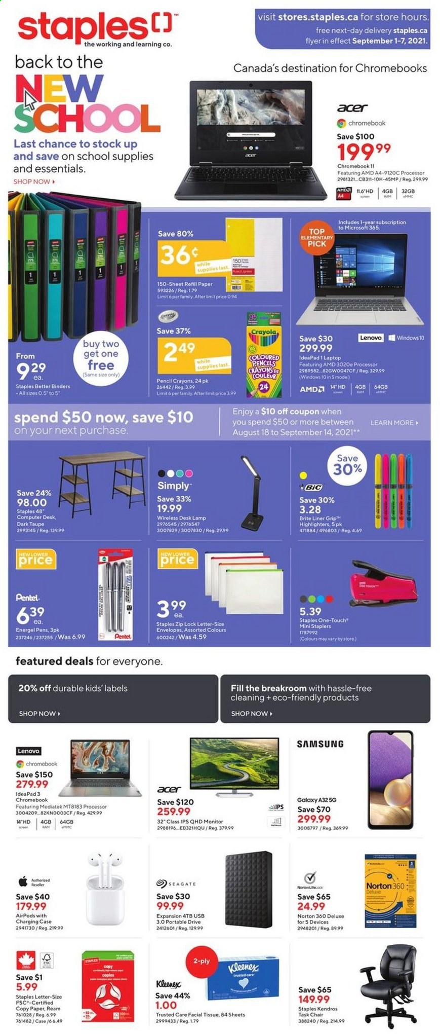 thumbnail - Staples Flyer - September 01, 2021 - September 07, 2021 - Sales products - Norton, Acer, crayons, envelope, paper, pencil, Samsung, laptop, chromebook, computer, Lenovo, monitor. Page 1.