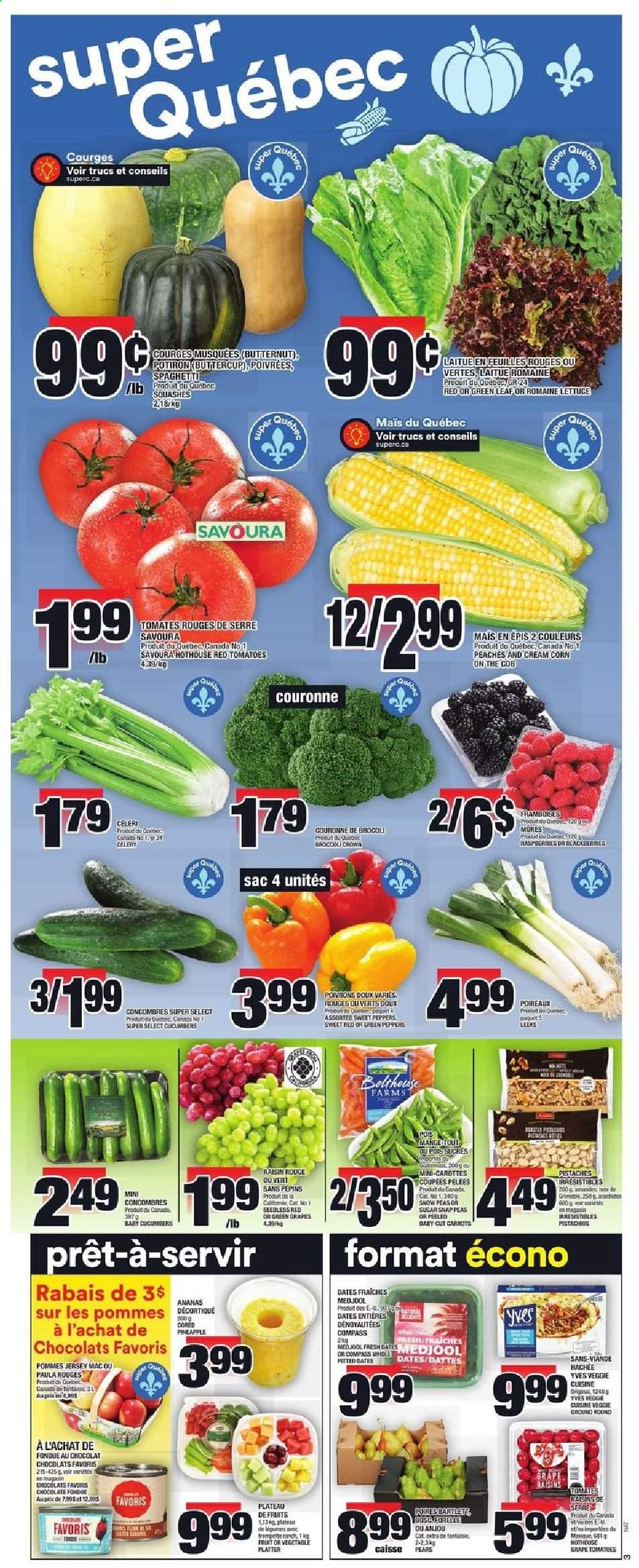 thumbnail - Super C Flyer - September 02, 2021 - September 08, 2021 - Sales products - butternut squash, carrots, corn, cucumber, sweet peppers, tomatoes, peas, lettuce, pineapple, pears, peaches, spaghetti, snap peas, chocolate, dried fruit, pistachios, dried dates, raisins. Page 4.