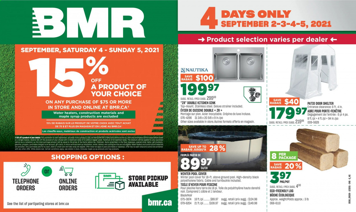 thumbnail - BMR Flyer - September 02, 2021 - September 05, 2021 - Sales products - sink, pool. Page 1.