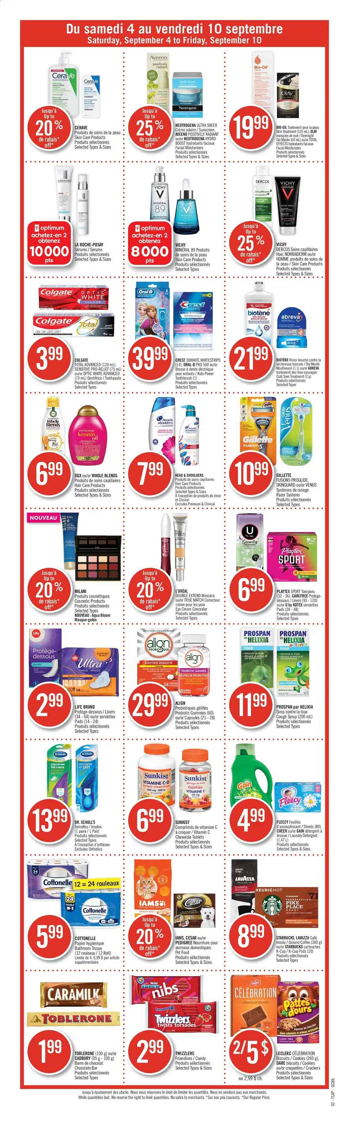 thumbnail - Pharmaprix Flyer - September 04, 2021 - September 10, 2021 - Sales products - cookies, Celebration, crackers, biscuit, Toblerone, Cadbury, chocolate bar, Thins, Classico, oil, syrup, Boost, coffee, ground coffee, coffee capsules, Starbucks, K-Cups, Lavazza, Aveeno, bath tissue, Cottonelle, Gain, laundry detergent, Vichy, Biotene, toothbrush, toothpaste, mouthwash, Crest, Playtex, Carefree, Kotex, tampons, Abreva, CeraVe, L’Oréal, La Roche-Posay, moisturizer, Olay, eye cream, OGX, keratin, razor, Venus, corrector, vitamin c, Dr. Scholl's, detergent, Colgate, Gillette, mascara, Neutrogena, Head & Shoulders, Oral-B, oranges. Page 16.