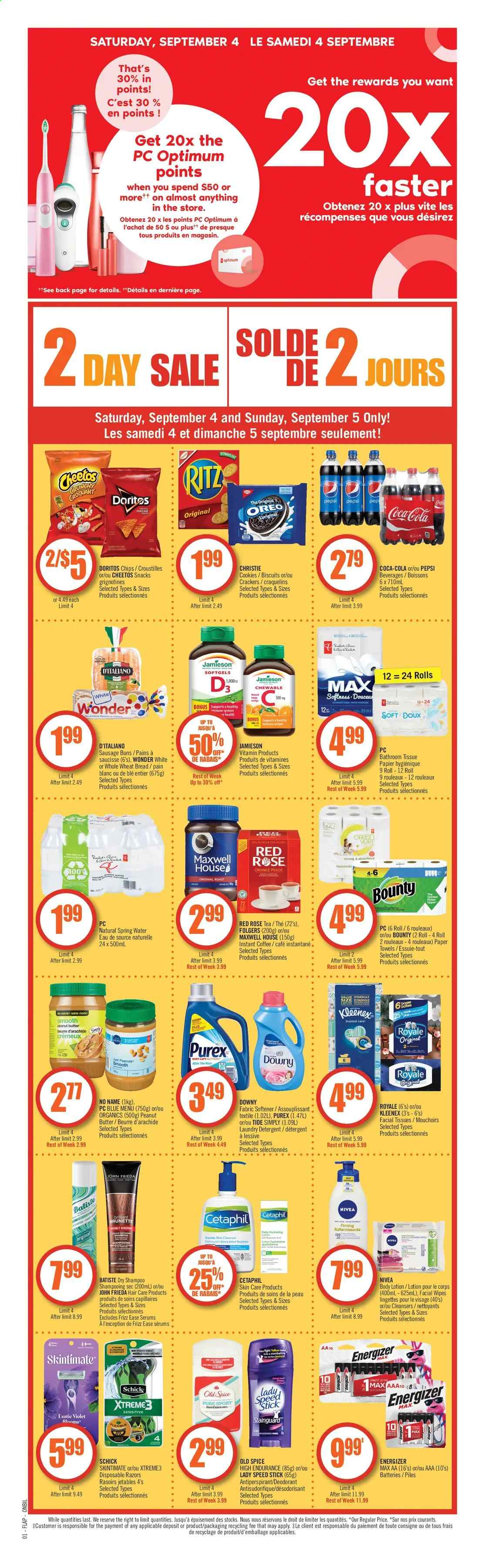 thumbnail - Shoppers Drug Mart Flyer - September 04, 2021 - September 10, 2021 - Sales products - cookies, snack, Bounty, crackers, biscuit, RITZ, Doritos, Cheetos, spice, peanut butter, peanuts, Coca-Cola, Pepsi, spring water, Maxwell House, tea, instant coffee, Folgers, wipes, bath tissue, Kleenex, kitchen towels, paper towels, Tide, fabric softener, laundry detergent, Purex, Downy Laundry, facial tissues, John Frieda, body lotion, anti-perspirant, Speed Stick, Schick, disposable razor, vitamin D3, Oreo, detergent, Energizer, shampoo, Nivea, Old Spice, chips, deodorant. Page 41.