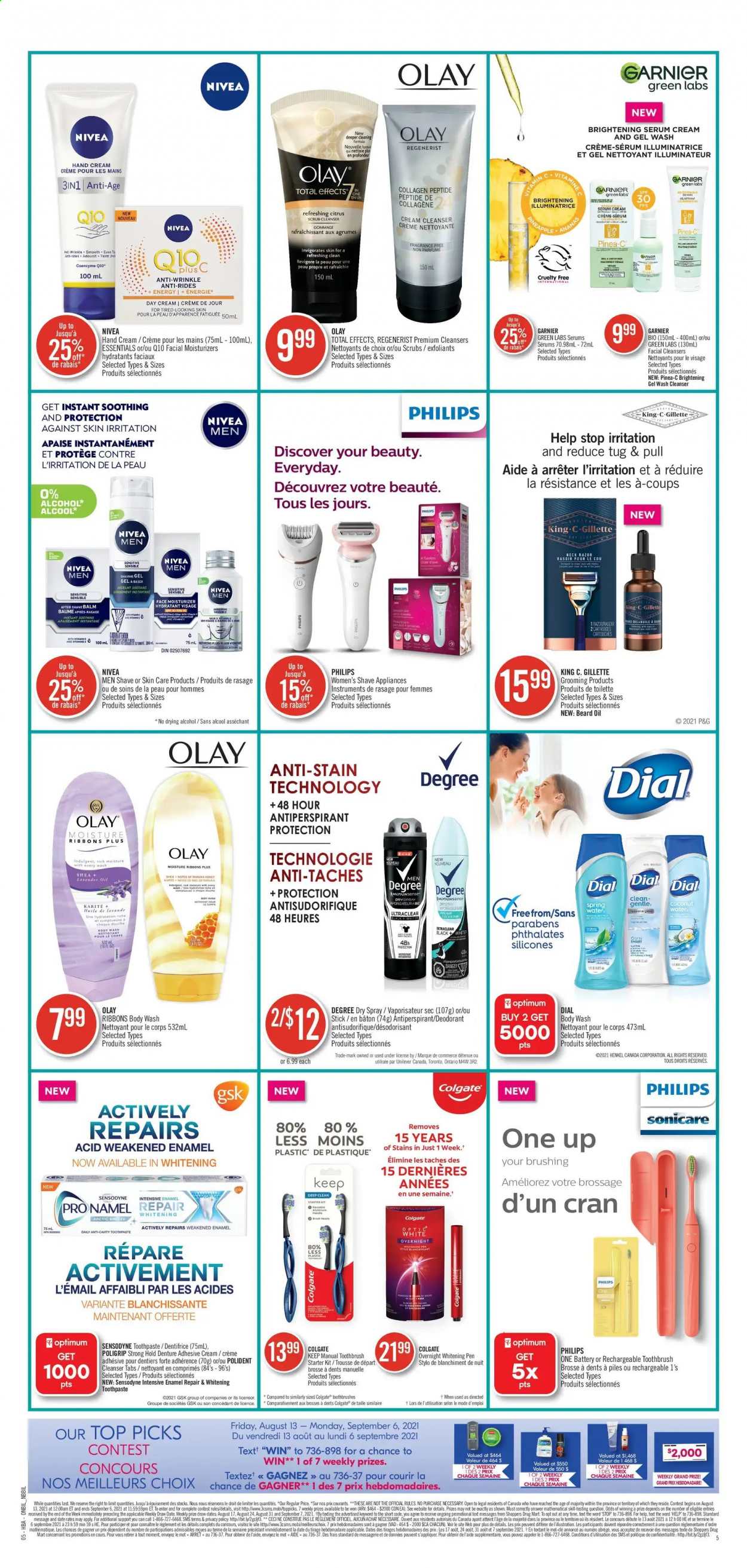 thumbnail - Shoppers Drug Mart Flyer - September 04, 2021 - September 10, 2021 - Sales products - oil, spring water, body wash, Dial, toothbrush, toothpaste, Polident, brightening serum, cleanser, day cream, moisturizer, serum, Olay, beard oil, hand cream, after shave, anti-perspirant, fragrance, razor, Sonicare, Colgate, Garnier, Gillette, Philips, Nivea, Sensodyne, deodorant. Page 16.