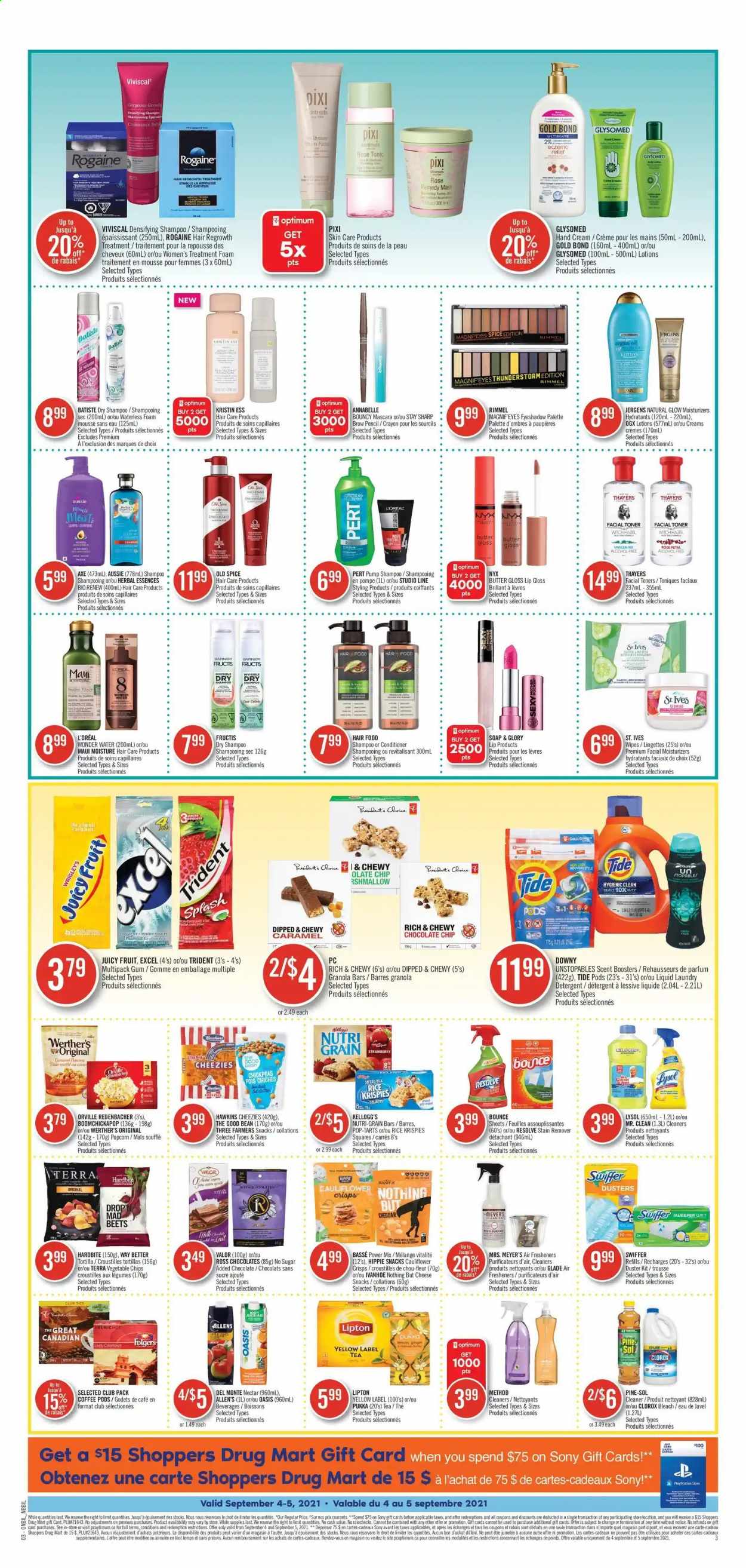 thumbnail - Shoppers Drug Mart Flyer - September 04, 2021 - September 10, 2021 - Sales products - snack, Kellogg's, Trident, Pop-Tarts, tortillas, popcorn, vegetable chips, stevia, granola bar, Rice Krispies, Nutri-Grain, ginger, spice, caramel, honey, tonic, tea, coffee pods, Folgers, wipes, cleaner, bleach, stain remover, Lysol, Clorox, Pine-Sol, Swiffer, Tide, Unstopables, laundry detergent, Bounce, scent booster, soap, L’Oréal, moisturizer, NYX Cosmetics, OGX, Aussie, conditioner, Herbal Essences, Maui Moisture, Fructis, hand cream, Jergens, eyeshadow, lip gloss, Rimmel, detergent, Garnier, mascara, shampoo, Palette, Old Spice, chips, Lipton. Page 3.