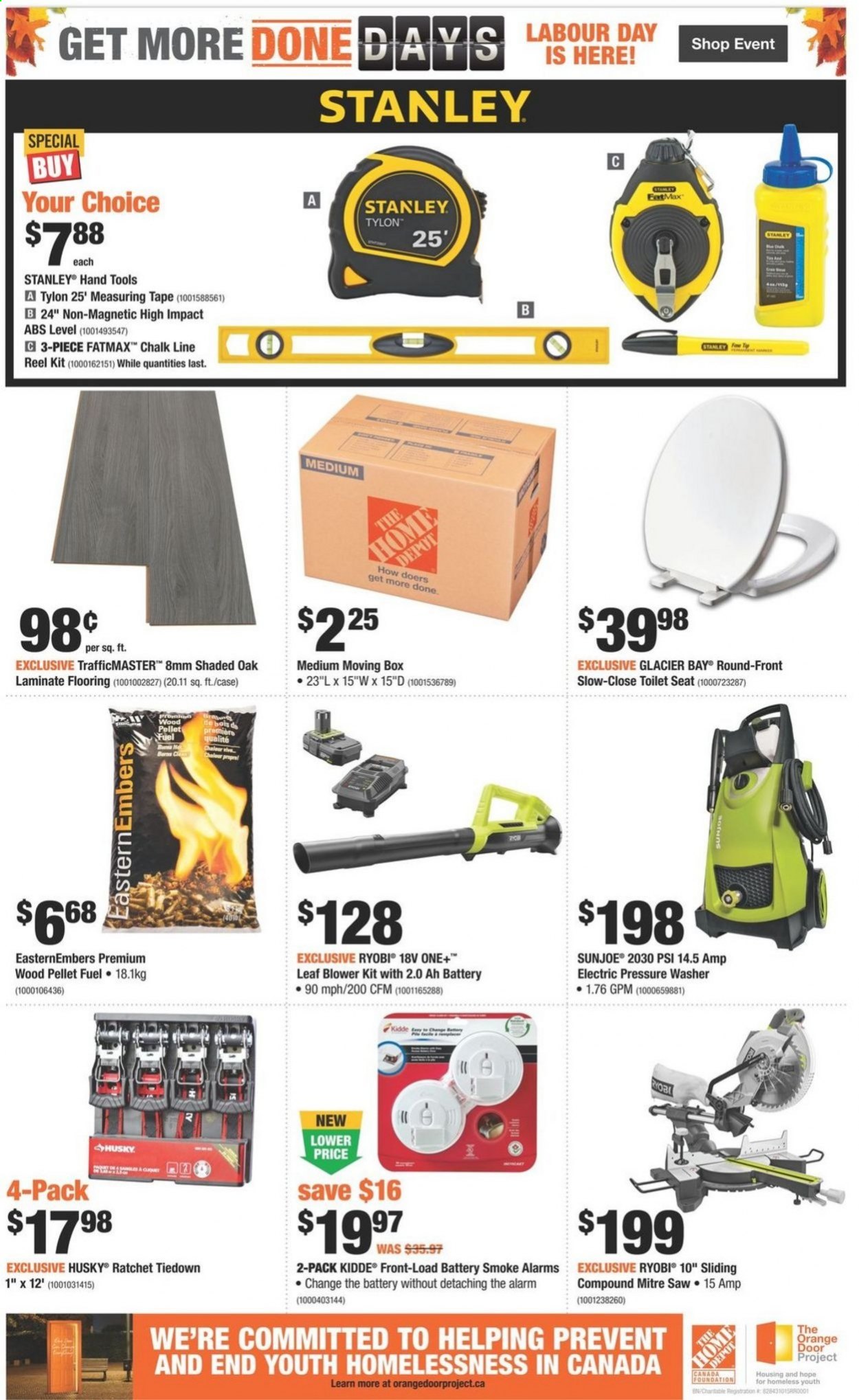 thumbnail - The Home Depot Flyer - September 02, 2021 - September 08, 2021 - Sales products - battery, toilet seat, Stanley, laminate floor, Ryobi, saw, leaf blower, blower, hand tools, measuring tape, electric pressure washer, pressure washer, cart. Page 3.