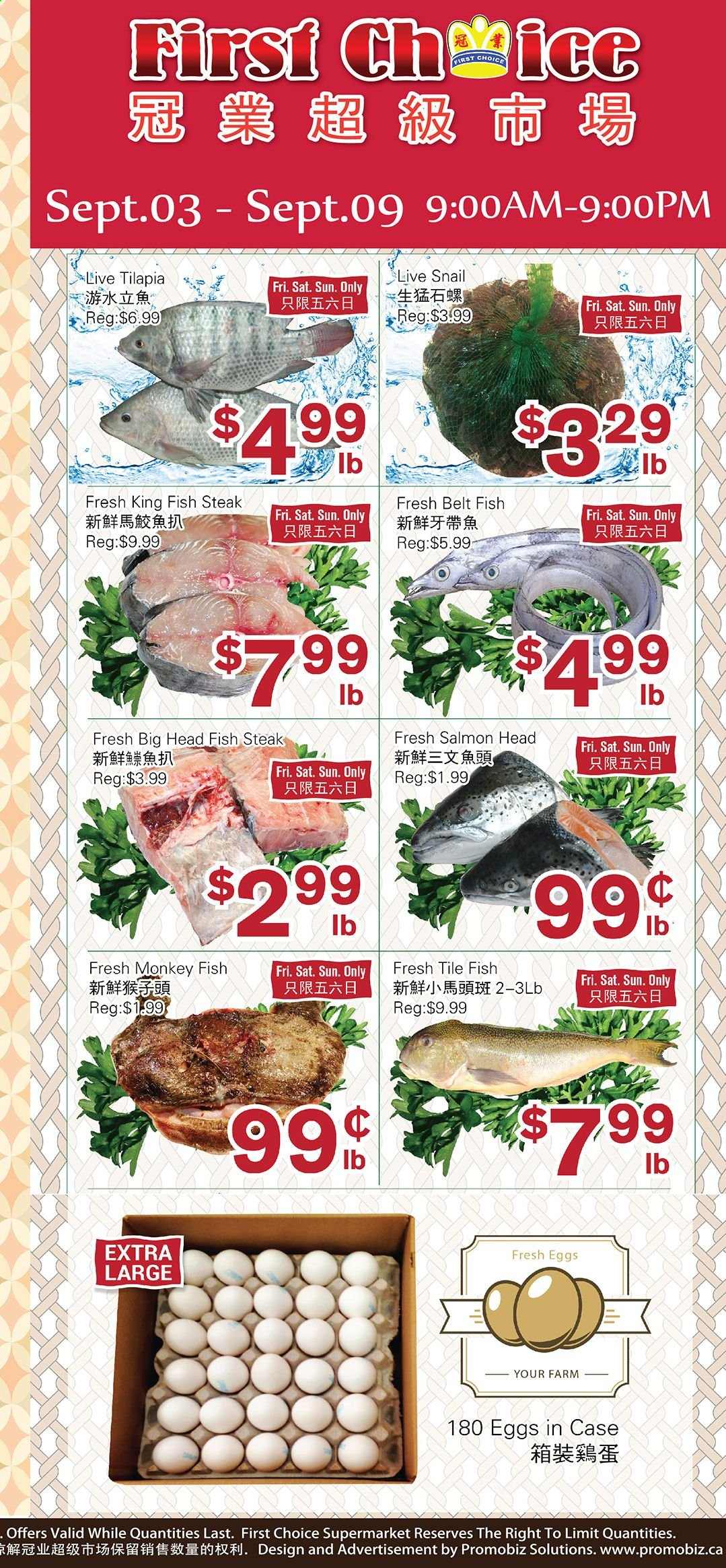 thumbnail - First Choice Supermarket Flyer - September 03, 2021 - September 09, 2021 - Sales products - salmon, tilapia, fish, king fish, fish steak, eggs, steak. Page 1.