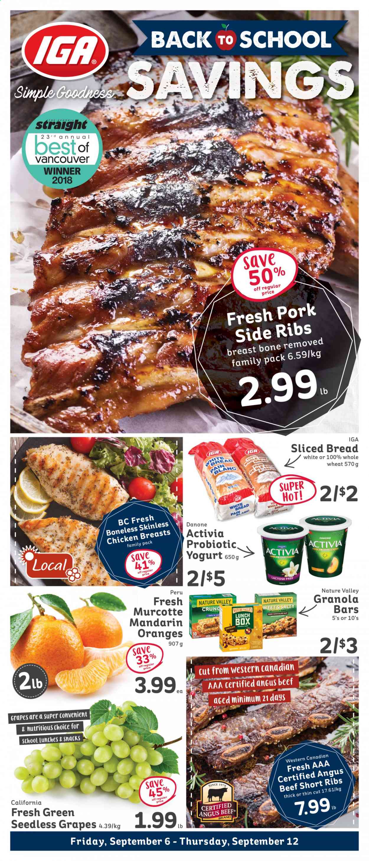 thumbnail - IGA Simple Goodness Flyer - September 06, 2021 - September 12, 2021 - Sales products - bread, grapes, mandarines, seedless grapes, yoghurt, Activia, snack, granola bar, Nature Valley, chicken breasts, beef meat, beef ribs, Danone, oranges. Page 1.