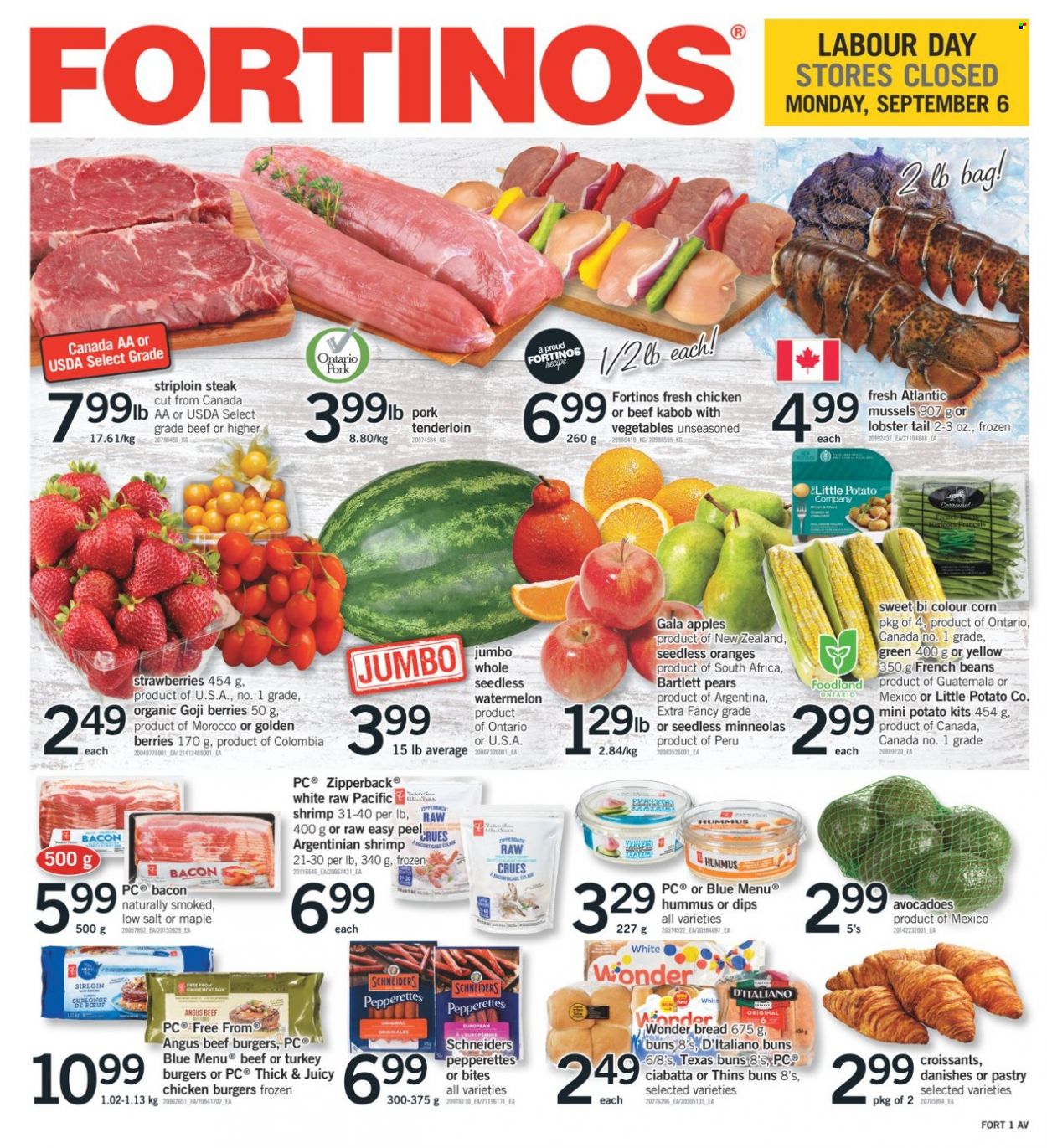 thumbnail - Circulaire Fortinos - 02 Septembre 2021 - 08 Septembre 2021 - Produits soldés - croissant, oranges, steak, ciabatta. Page 1.