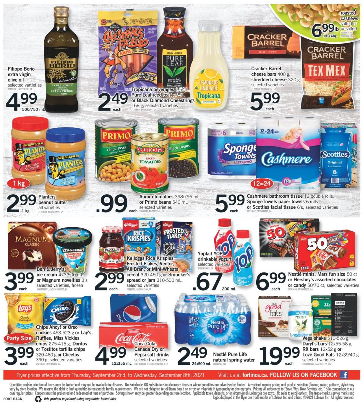 thumbnail - Fortinos Flyer - September 02, 2021 - September 08, 2021 - Sales products - beans, tomatoes, peas, shredded cheese, string cheese, yoghurt, Yoplait, shake, Magnum, ice cream, Hershey's, Ben & Jerry's, cookies, Mars, crackers, Chips Ahoy!, Doritos, tortilla chips, Cheetos, Lay’s, Ruffles, Tostitos, black beans, cereals, Rice Krispies, Frosted Flakes, extra virgin olive oil, olive oil, oil, fruit jam, peanut butter, cashews, Planters, Canada Dry, Coca-Cola, lemonade, Pepsi, ice tea, soft drink, spring water, Pure Leaf, bath tissue, kitchen towels, paper towels, sponge, Oreo, Nestlé. Page 2.
