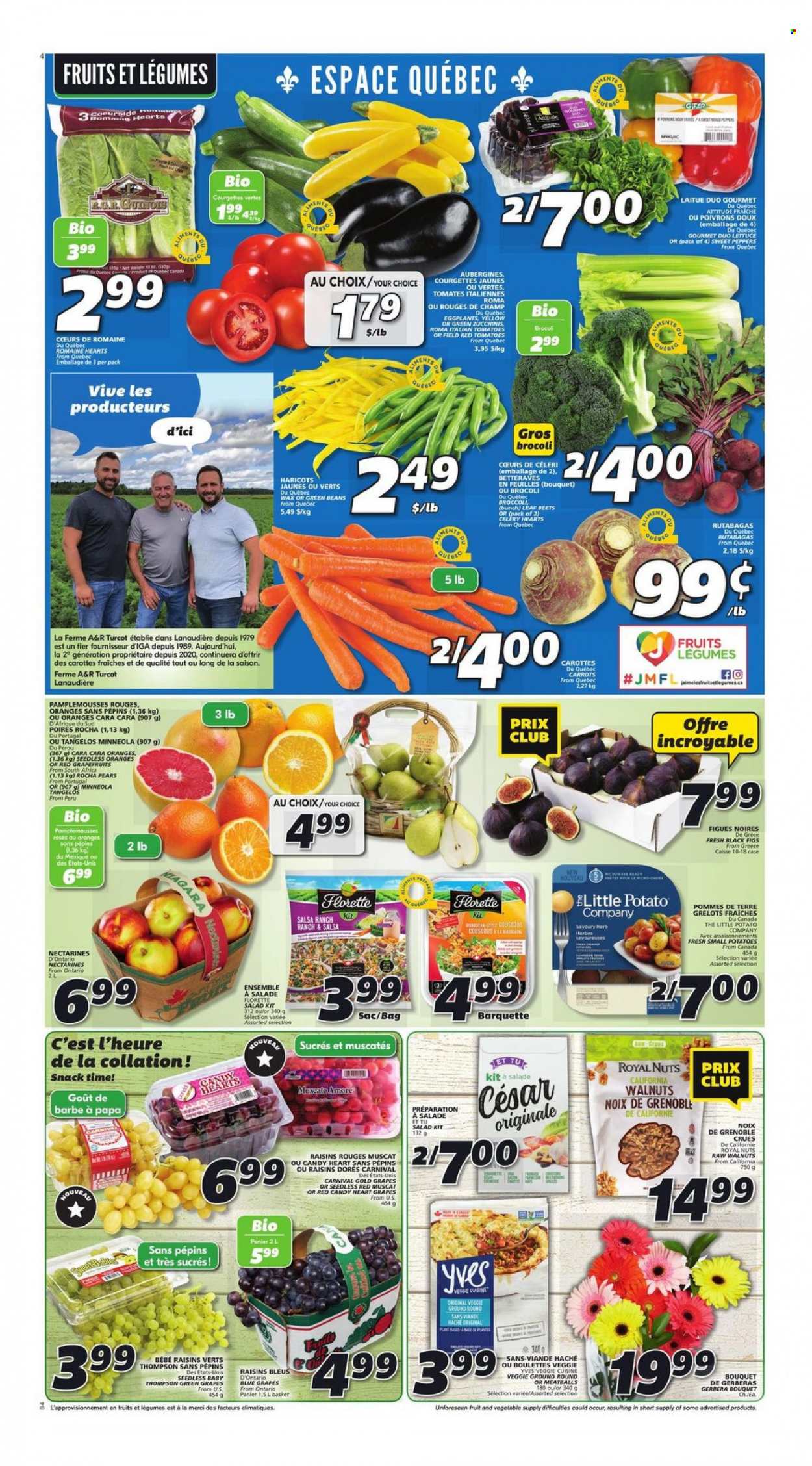 thumbnail - IGA Flyer - September 09, 2021 - September 15, 2021 - Sales products - beans, broccoli, carrots, celery, green beans, sweet peppers, tomatoes, potatoes, lettuce, salad, peppers, eggplant, sleeved celery, figs, grapefruits, grapes, nectarines, tangelos, pears, meatballs, snack, Merci, salsa, walnuts, dried fruit, couscous, raisins, oranges. Page 3.