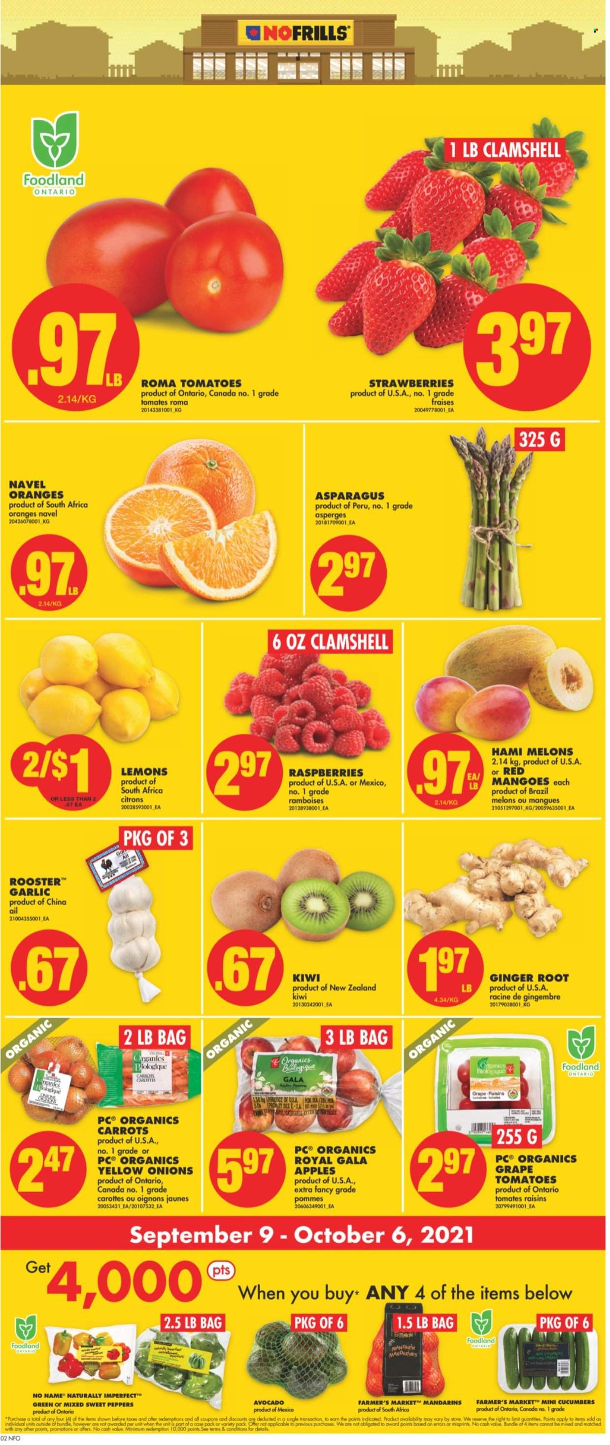 thumbnail - No Frills Flyer - September 09, 2021 - September 15, 2021 - Sales products - asparagus, carrots, cucumber, garlic, ginger, sweet peppers, tomatoes, onion, peppers, apples, avocado, Gala, mandarines, strawberries, melons, lemons, navel oranges, No Name, dried fruit, kiwi, raisins, oranges. Page 4.