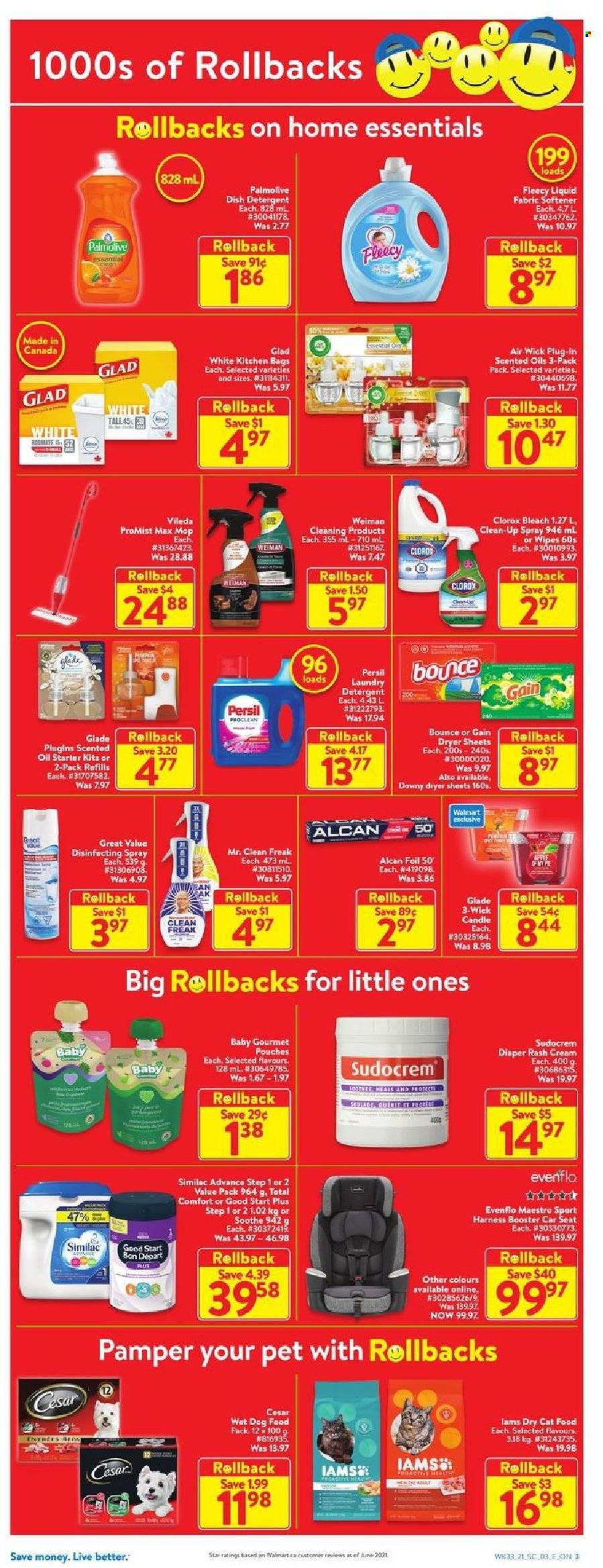 thumbnail - Walmart Flyer - September 09, 2021 - September 15, 2021 - Sales products - Apple, oil, Similac, wipes, Gain, bleach, Clorox, Persil, fabric softener, laundry detergent, dryer sheets, Palmolive, bag, Vileda, mop, candle, Air Wick, Glade, scented oil, animal food, cat food, dog food, wet dog food, dry cat food, Iams, baby car seat, vitamin D3, Sudocrem, detergent. Page 3.