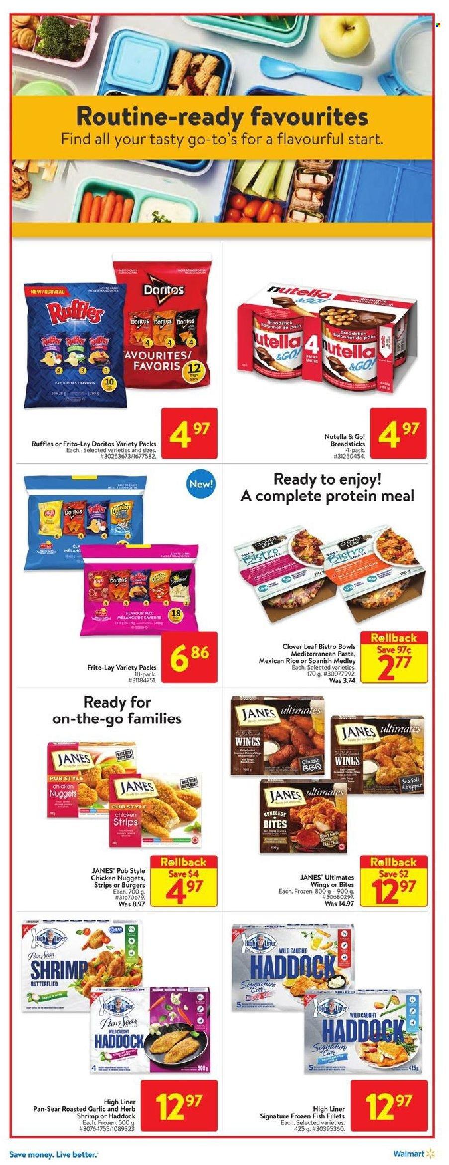 thumbnail - Walmart Flyer - September 09, 2021 - September 15, 2021 - Sales products - fish fillets, haddock, fish, shrimps, nuggets, pasta, chicken nuggets, Clover, strips, bread sticks, Doritos, Frito-Lay, Ruffles, sea salt, pepper, herbs, pan, Go!, Nutella. Page 8.