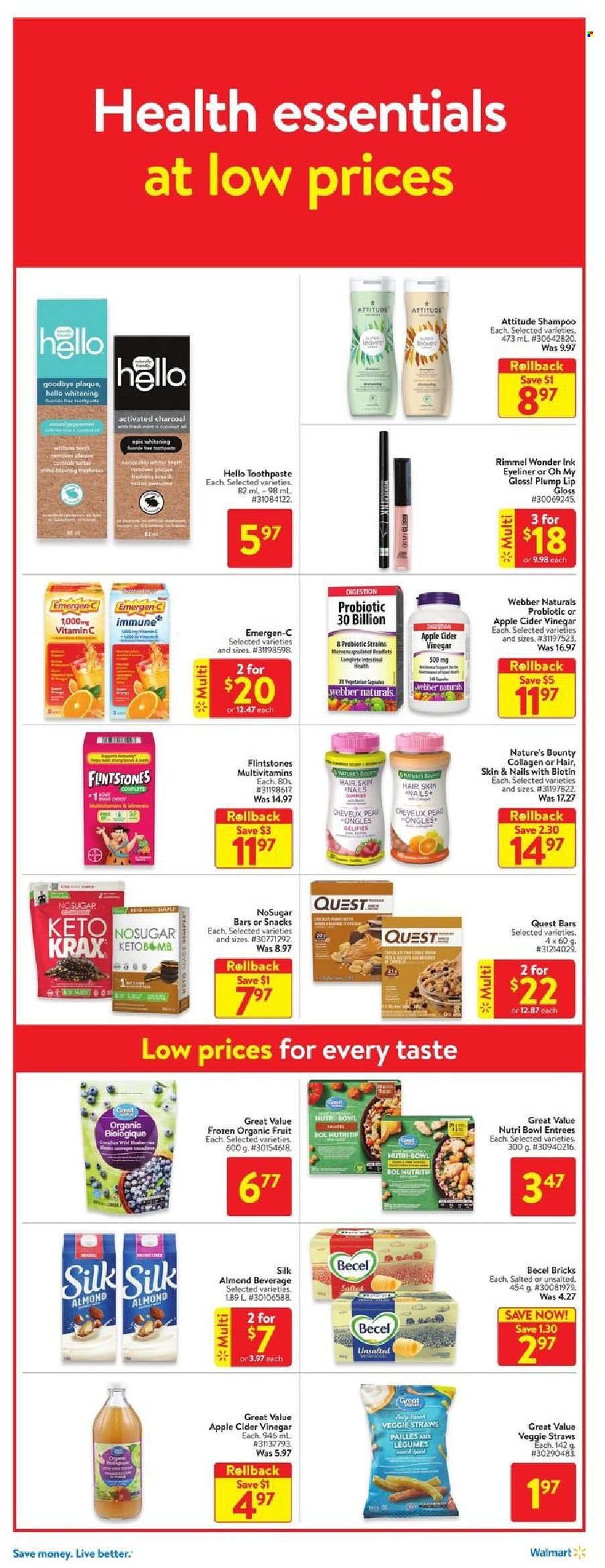 thumbnail - Walmart Flyer - September 09, 2021 - September 15, 2021 - Sales products - Veggie Straws, apple cider vinegar, vinegar, toothpaste, lip gloss, Rimmel, eyeliner, bowl, charcoal, Biotin, multivitamin, Nature's Bounty, vitamin c, activated charcoal, Emergen-C, shampoo. Page 9.