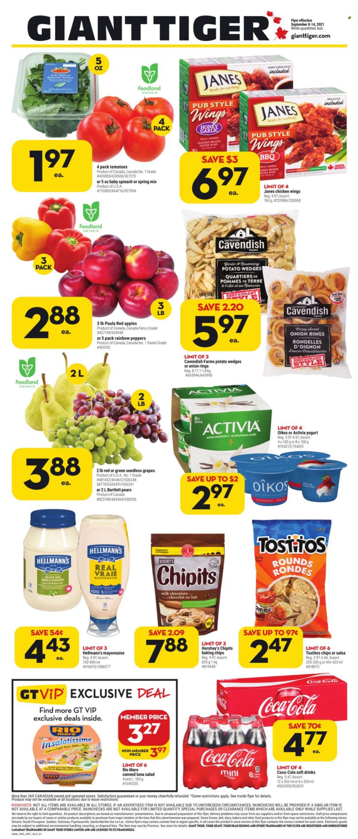 thumbnail - Giant Tiger Flyer - September 08, 2021 - September 14, 2021 - Sales products - tomatoes, salad, peppers, apples, Bartlett pears, grapes, seedless grapes, pears, tuna, onion rings, sauce, fried chicken, tuna salad, yoghurt, Activia, Oikos, mayonnaise, Hellmann’s, Hershey's, potato wedges, milk chocolate, chocolate, Tostitos, baking chips, canned tuna, light tuna, BBQ sauce, salsa, garlic sauce, olive oil, oil, honey, Coca-Cola, soft drink. Page 1.