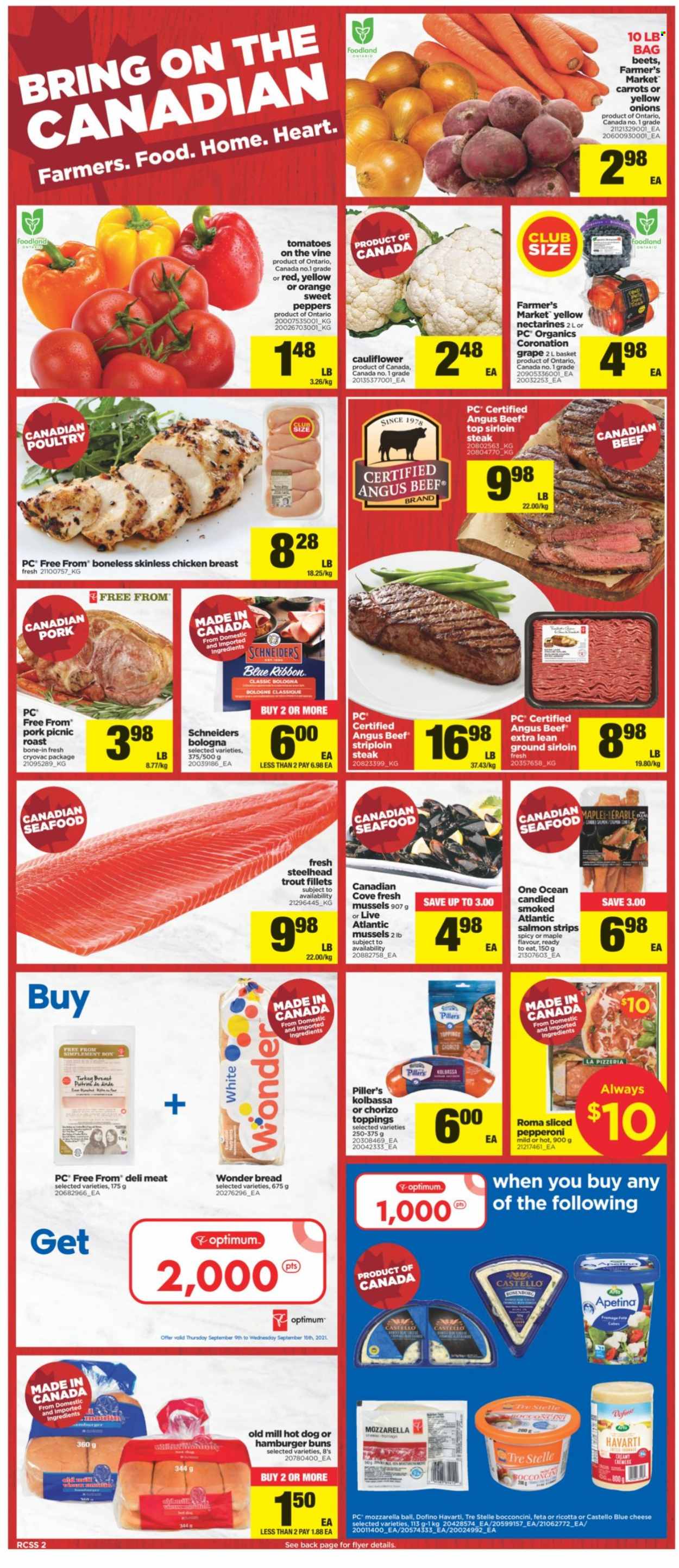 thumbnail - Real Canadian Superstore Flyer - September 09, 2021 - September 15, 2021 - Sales products - Blue Ribbon, buns, burger buns, cauliflower, sweet peppers, onion, nectarines, mussels, salmon, trout, seafood, hot dog, bologna sausage, pepperoni, blue cheese, bocconcini, Havarti, cheese, feta, L'Or, chicken breasts, chicken, beef meat, beef sirloin, sirloin steak, striploin steak, Optimum, basket, mozzarella, ricotta, chorizo, steak, oranges. Page 2.