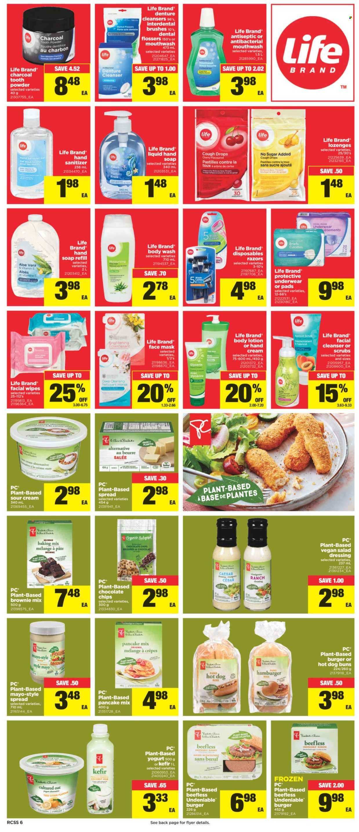 thumbnail - Real Canadian Superstore Flyer - September 09, 2021 - September 15, 2021 - Sales products - buns, brownie mix, cherries, hamburger, pancakes, yoghurt, kefir, sour cream, mayonnaise, pastilles, oats, salad dressing, dressing, wipes, body wash, soap, mouthwash, cleanser, face mask, body lotion, Sure, hand sanitizer, charcoal, cough drops. Page 6.