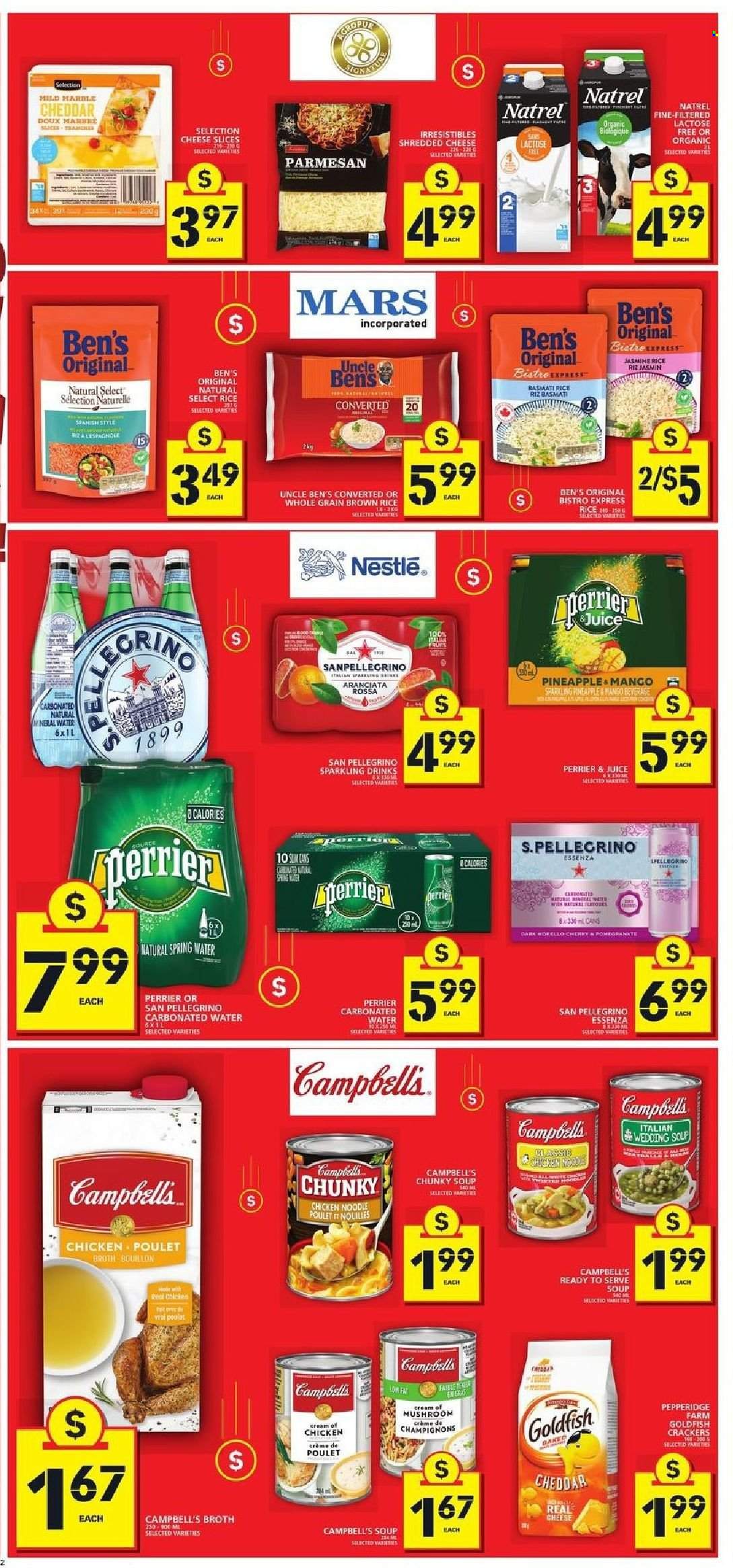 thumbnail - Food Basics Flyer - September 09, 2021 - September 15, 2021 - Sales products - pineapple, Campbell's, soup, noodles, shredded cheese, parmesan, Mars, crackers, Goldfish, bouillon, broth, Uncle Ben's, basmati rice, brown rice, rice, juice, Perrier, spring water, San Pellegrino, Nestlé. Page 2.