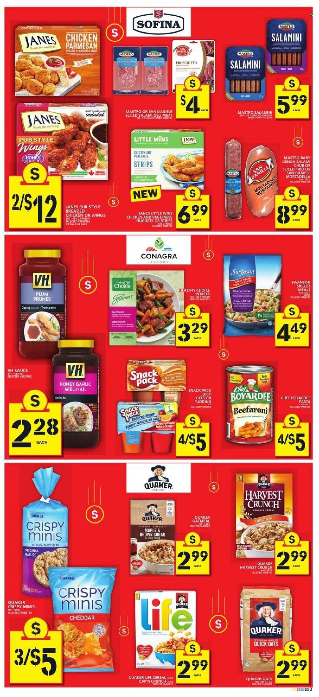 thumbnail - Food Basics Flyer - September 09, 2021 - September 15, 2021 - Sales products - cake, garlic, nuggets, pasta, sauce, fried chicken, Quaker, Healthy Choice, salami, prosciutto, cheddar, cheese, pudding, strips, oatmeal, oats, Chef Boyardee, cereals, Cap'n Crunch, Quick Oats, marinade, honey, prunes. Page 3.