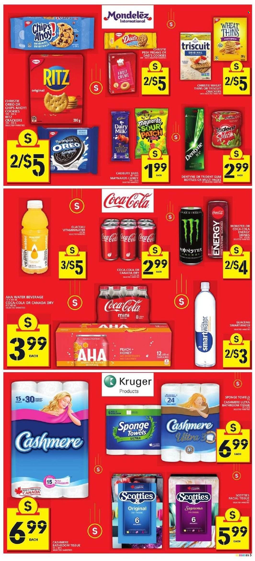 thumbnail - Food Basics Flyer - September 09, 2021 - September 15, 2021 - Sales products - cookies, crackers, Cadbury, Dairy Milk, Trident, Chips Ahoy!, Sour Patch, RITZ, Thins, honey, Canada Dry, Coca-Cola, energy drink, Monster, Smartwater, vitamin water, bath tissue, sponge, towel, chips. Page 5.