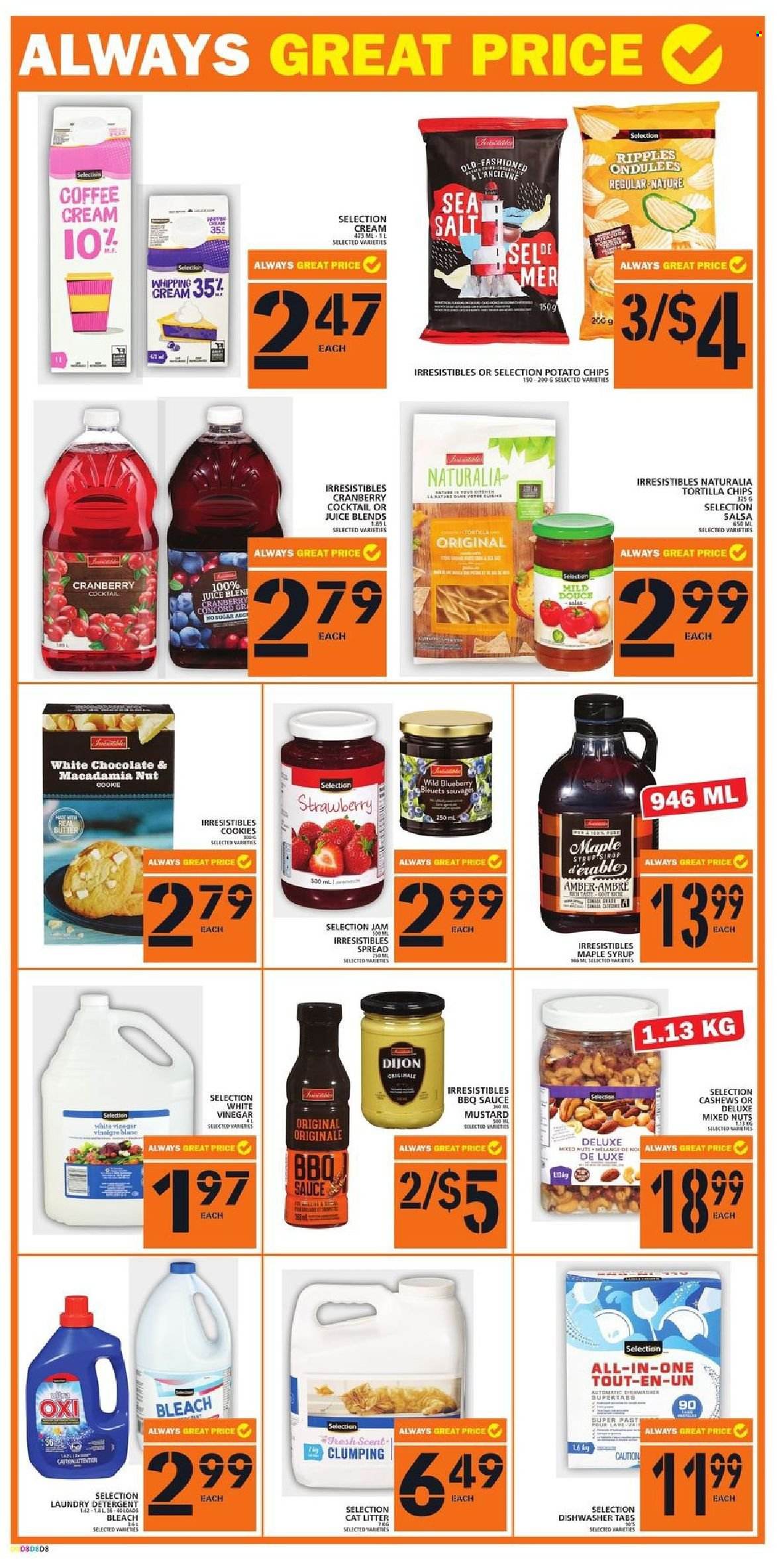 thumbnail - Food Basics Flyer - September 09, 2021 - September 15, 2021 - Sales products - sauce, butter, cookies, chocolate, tortilla chips, potato chips, BBQ sauce, mustard, salsa, maple syrup, fruit jam, syrup, cashews, mixed nuts, juice, coffee, bleach, laundry detergent, cat litter, detergent, chips. Page 10.